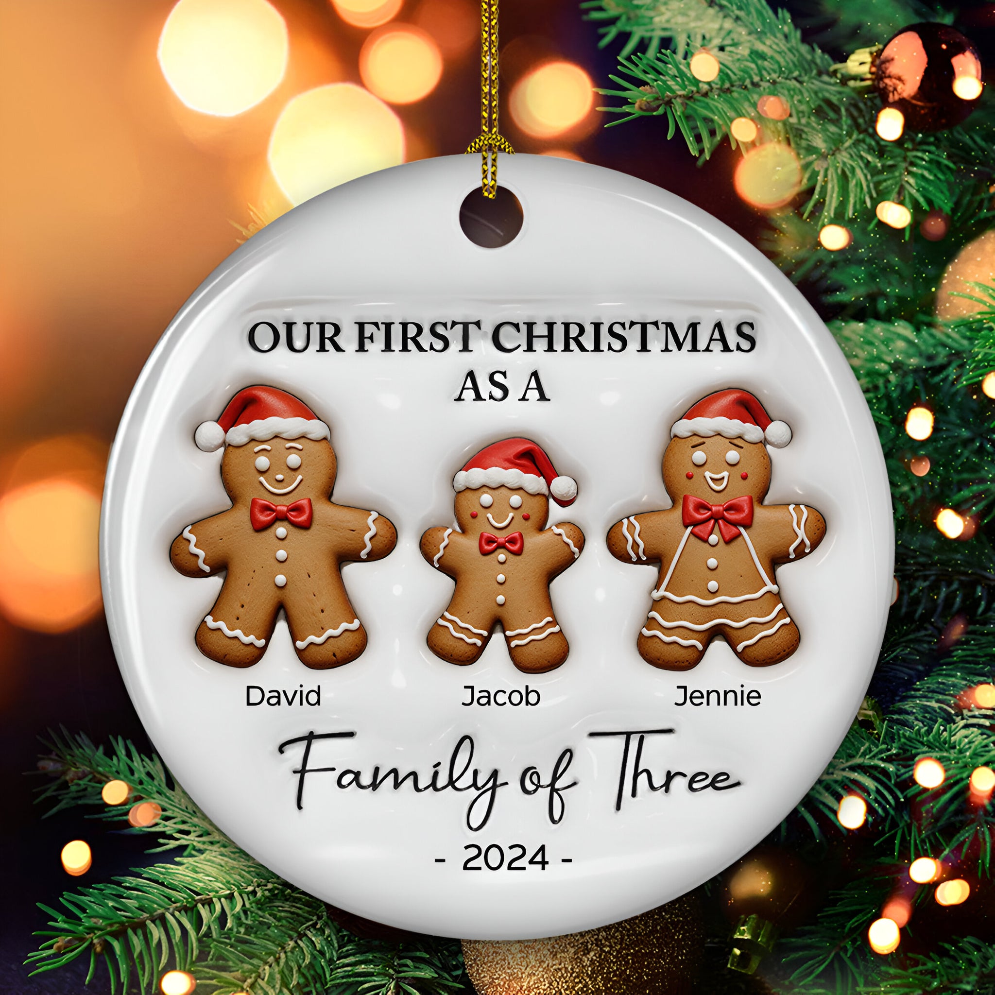 First Christmas As A Family Of Three Gingerbread - Personalized Custom 3D Inflated Effect Ceramic Ornament ORN0710