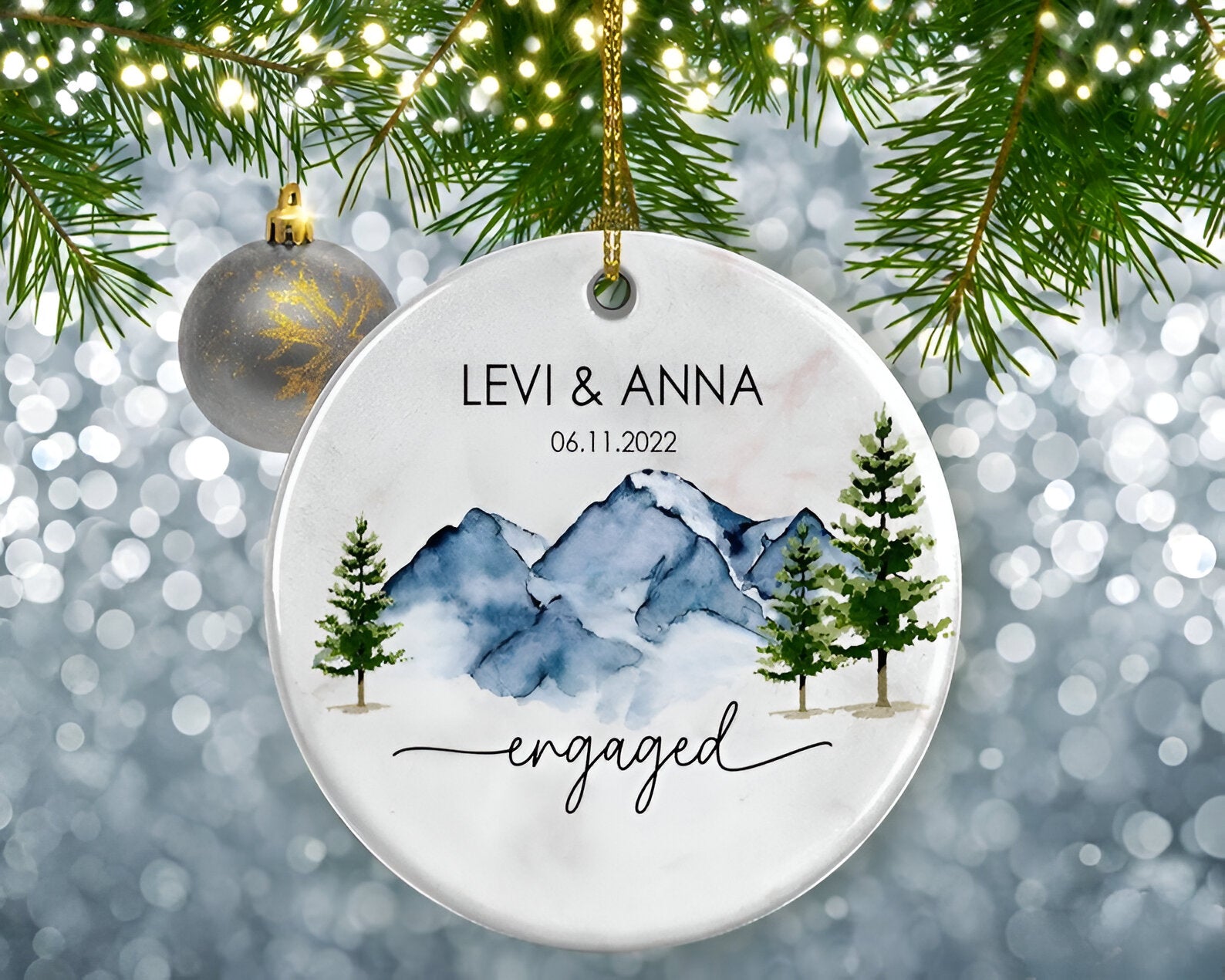 First Christmas Engaged, Personalized Ornament, Watercolor Mountain Ornament, Christmas Gift For Couple, Engagement Wedding Gifts ORN0110