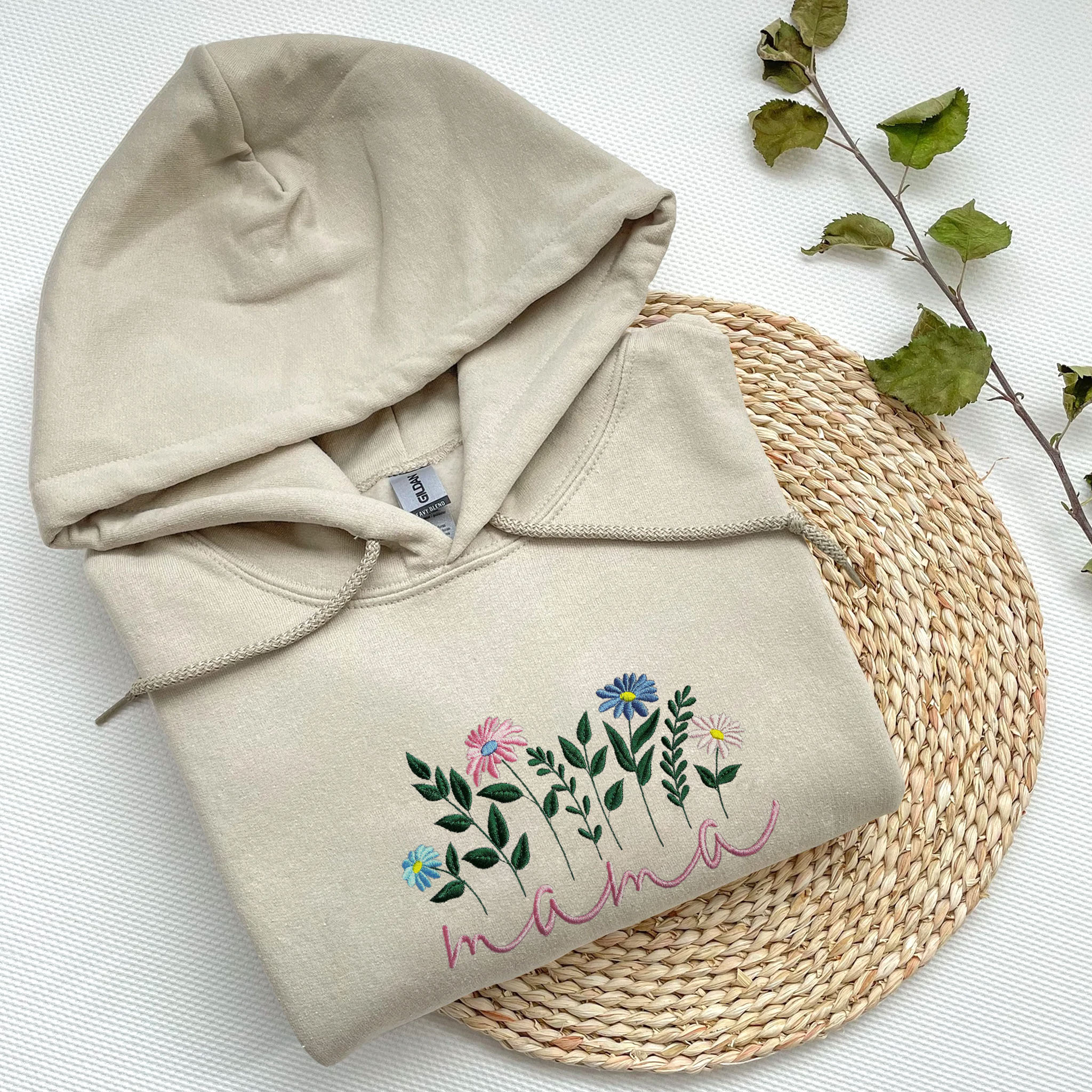 Floral Mama Embroidered Hoodie with Custom Kid Name on Sleeves, Best Gifts For New Mama EM1