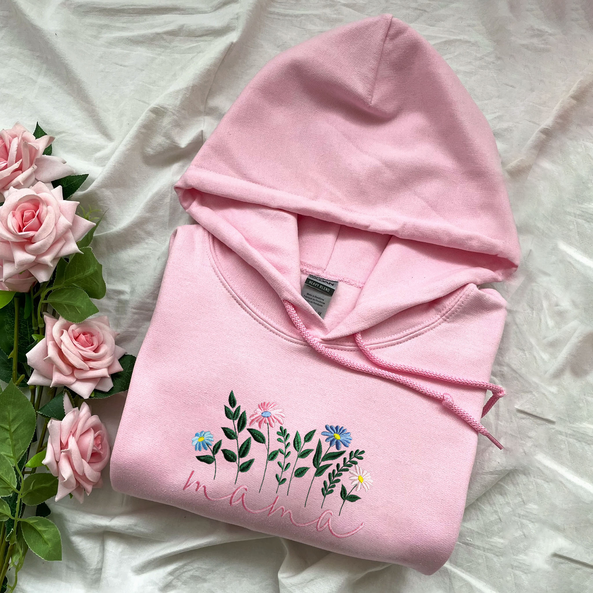 Floral Mama Embroidered Hoodie with Custom Kid Name on Sleeves, Best Gifts For New Mama EM1