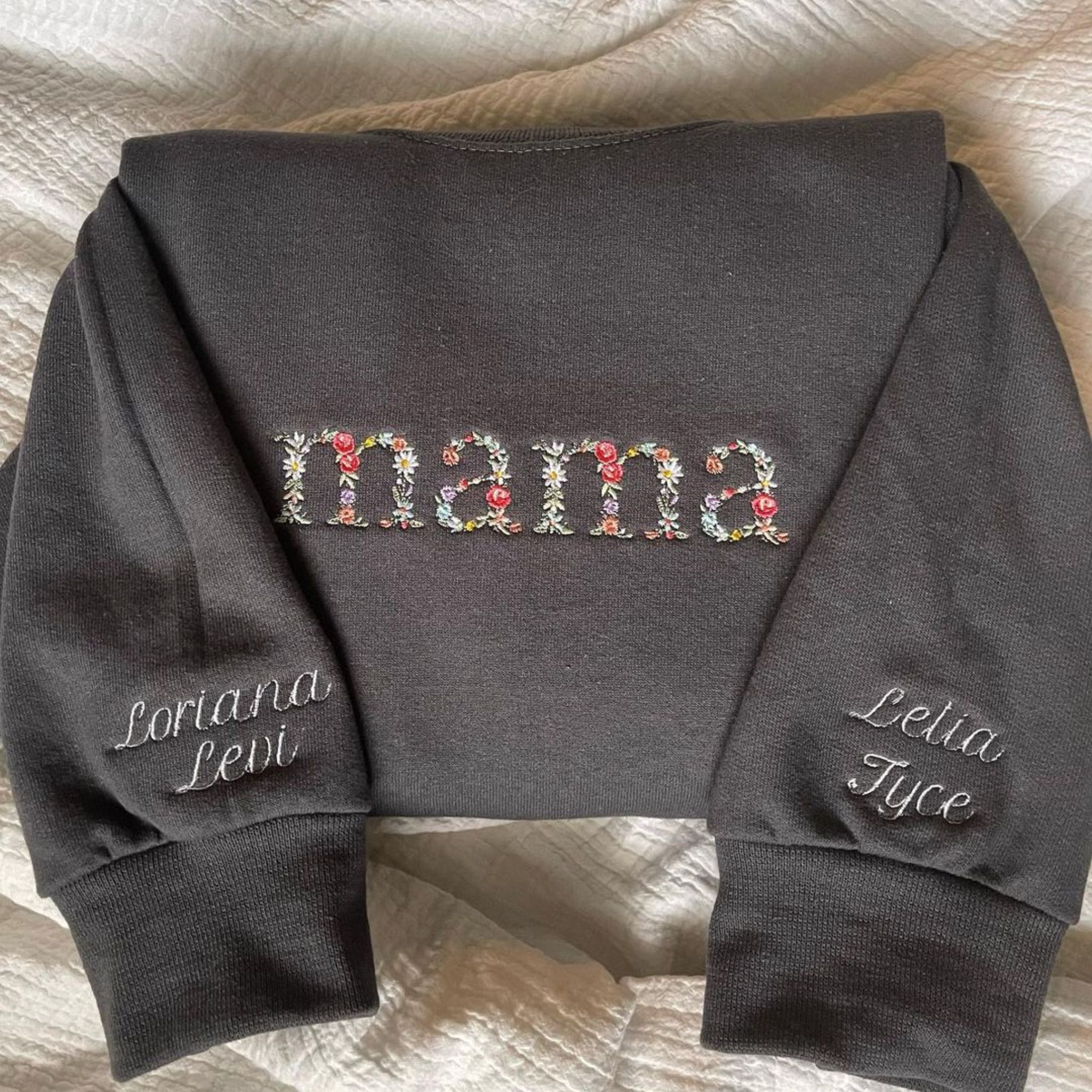 Floral Mama Embroidered Hoodie With Kid's Name on Sleeve, Mother's Day Gift EM1