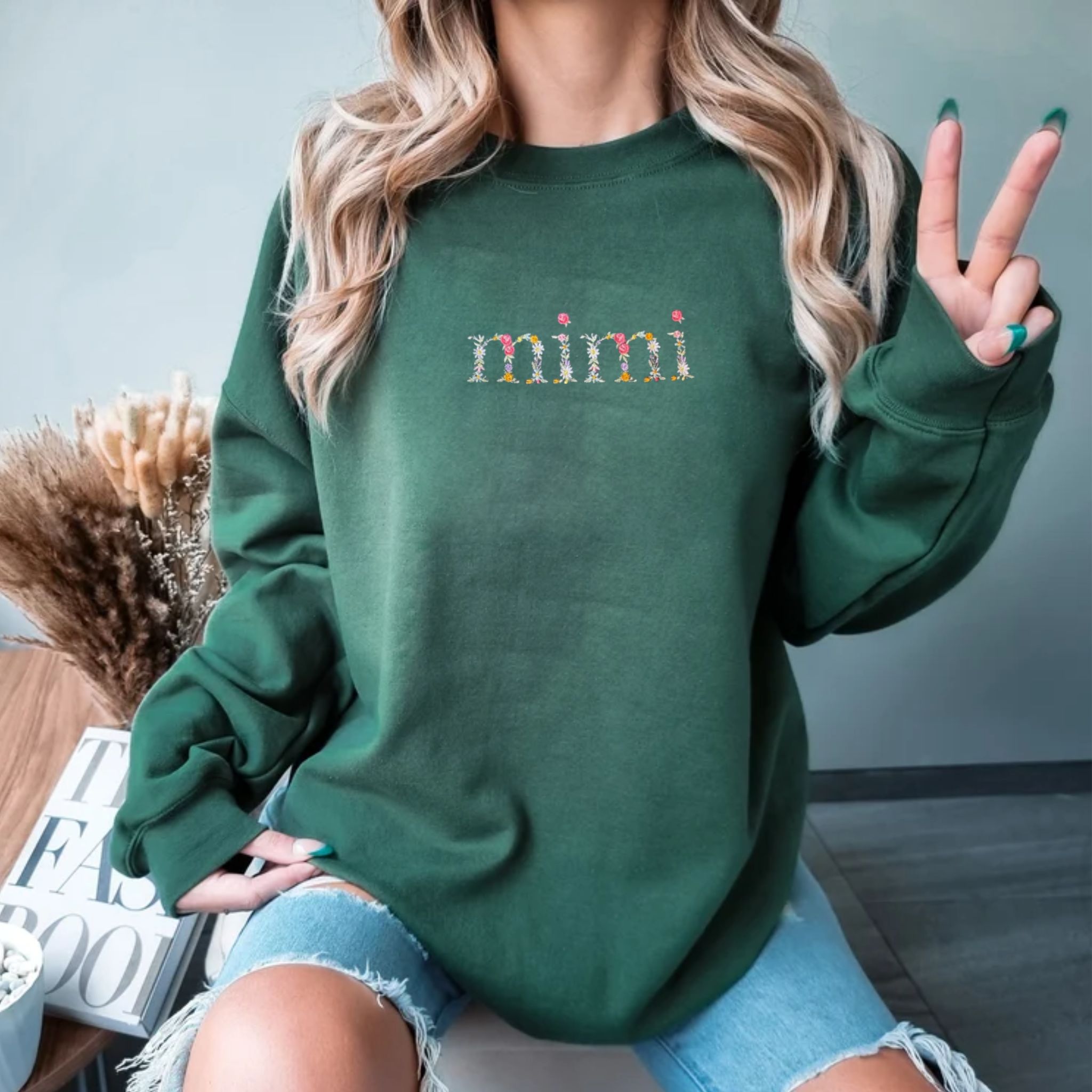 Floral Mimi Embroidered Sweatshirt With Custom Initial On Sleeve, Gift For Mimi Grandma EM1