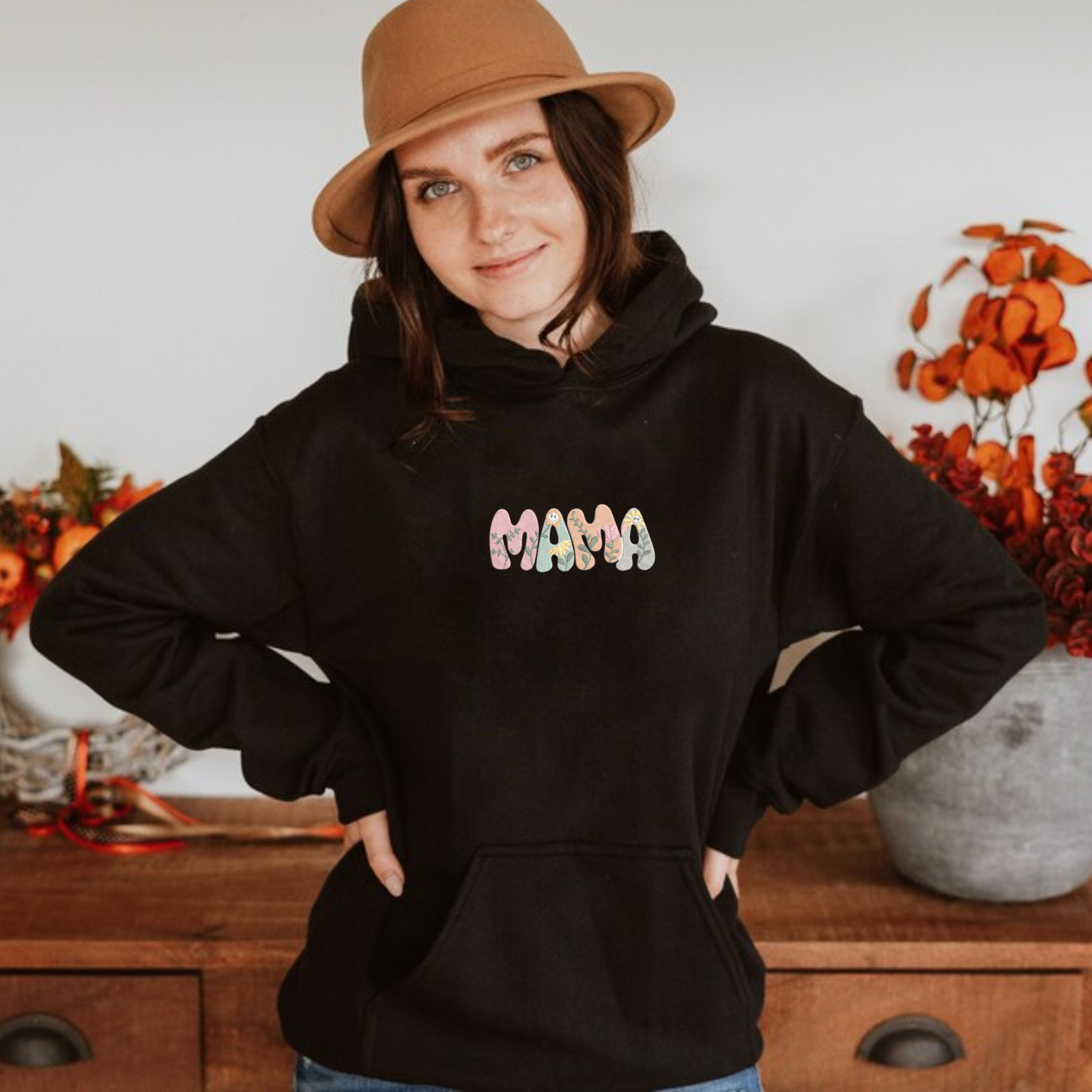Embroidered Mama Hoodie, Customized Hoodie With Embroidery Flower Letters, Mama Gift Ideas EM2