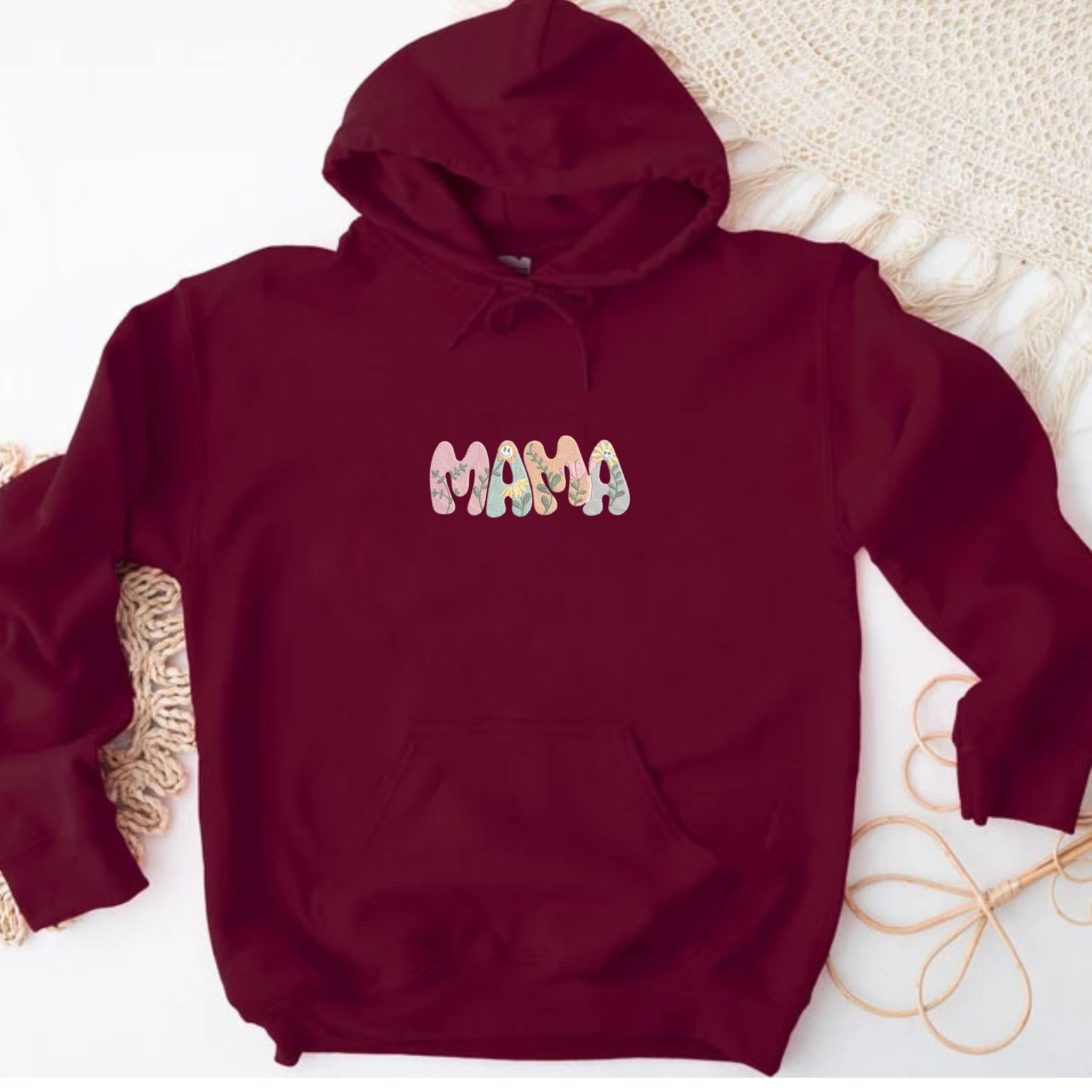 Embroidered Mama Hoodie, Customized Hoodie With Embroidery Flower Letters, Mama Gift Ideas EM2