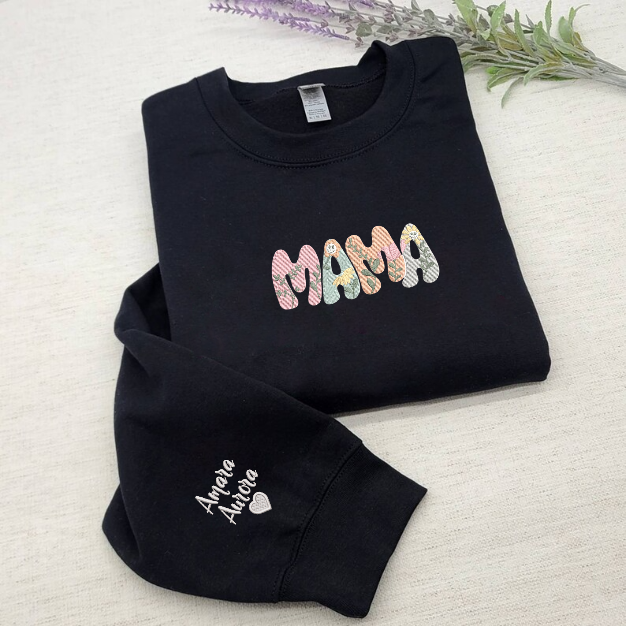 Flower Mama Embroidered Sweatshirt With Kids Name On Sleeve, Mama Gift Ideas EM2