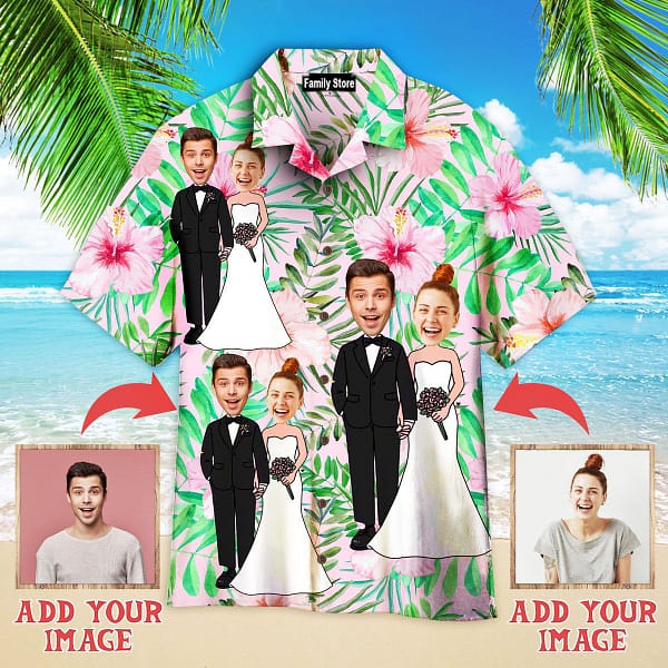 Funny Custom Face Happy Wedding Couple On Tropical Flowers Custom Hawaiian Shirt hacus1