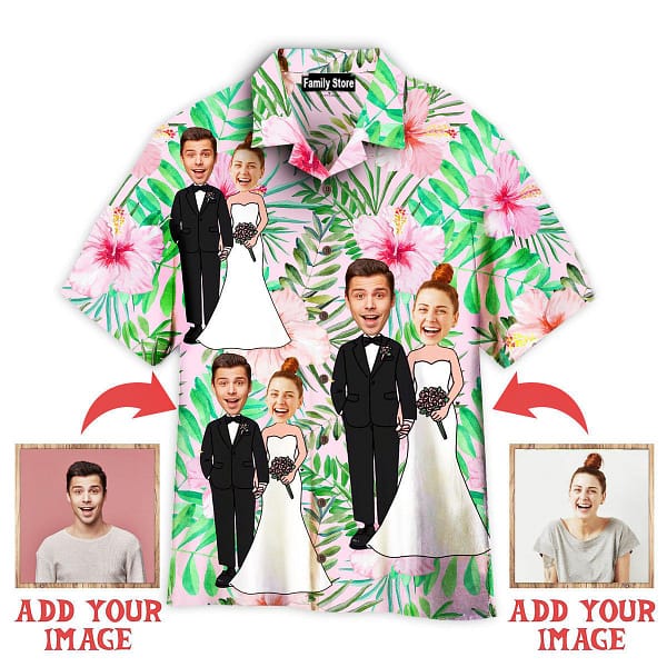 Funny Custom Face Happy Wedding Couple On Tropical Flowers Custom Hawaiian Shirt hacus1