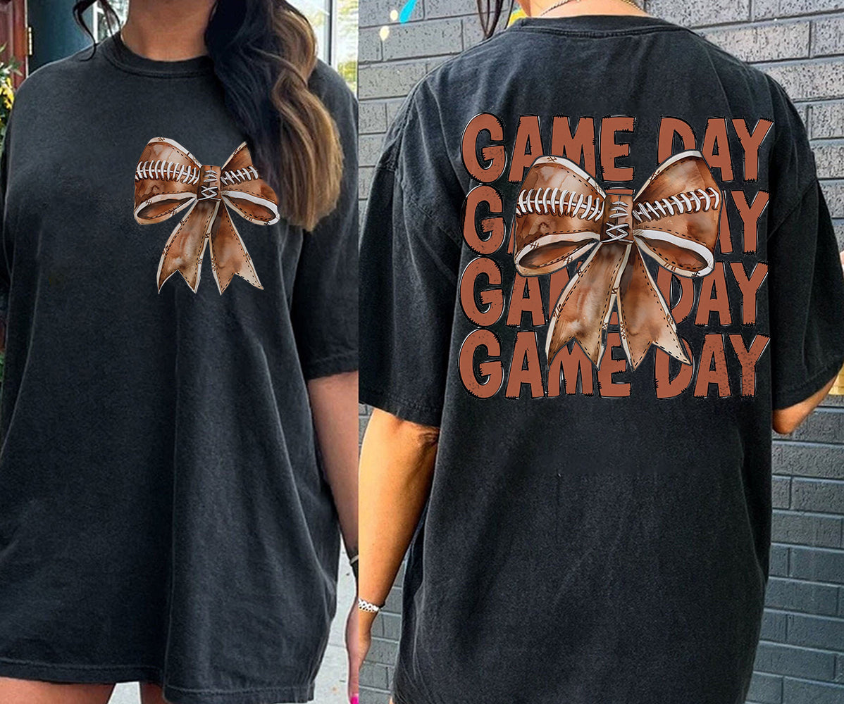 Game Day Football Bow T-Shirt, Fall Coquette Bow T-Shirt, Fall Football Shirt T-Shirt, Football Sport T-Shirt, Football Mom T-Shirt