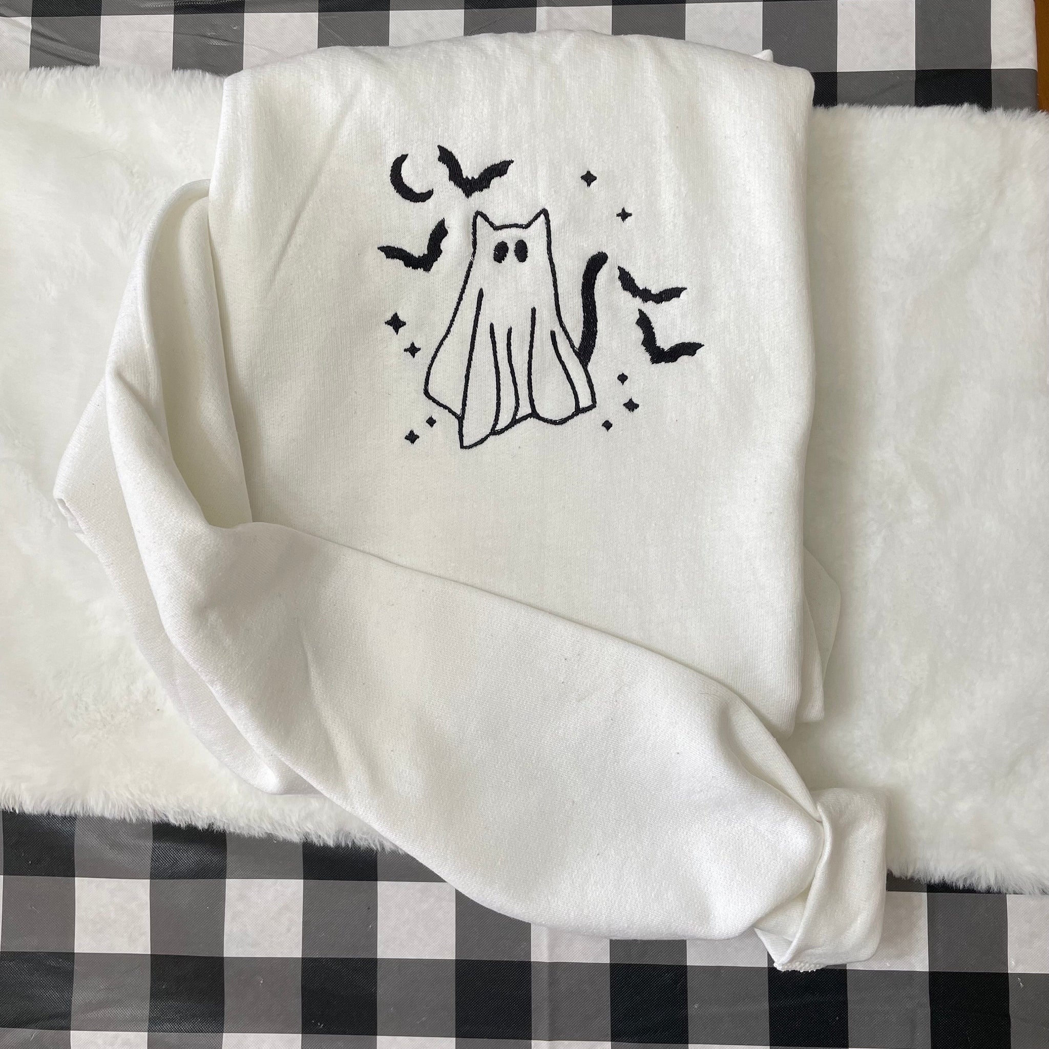Ghost Cat Halloween Embroidered Sweatshirt - Trendy crewneck - Fall Fashion - Made to Order -Gifts for Her - Custom Made- Halloween clothing  EM1809S