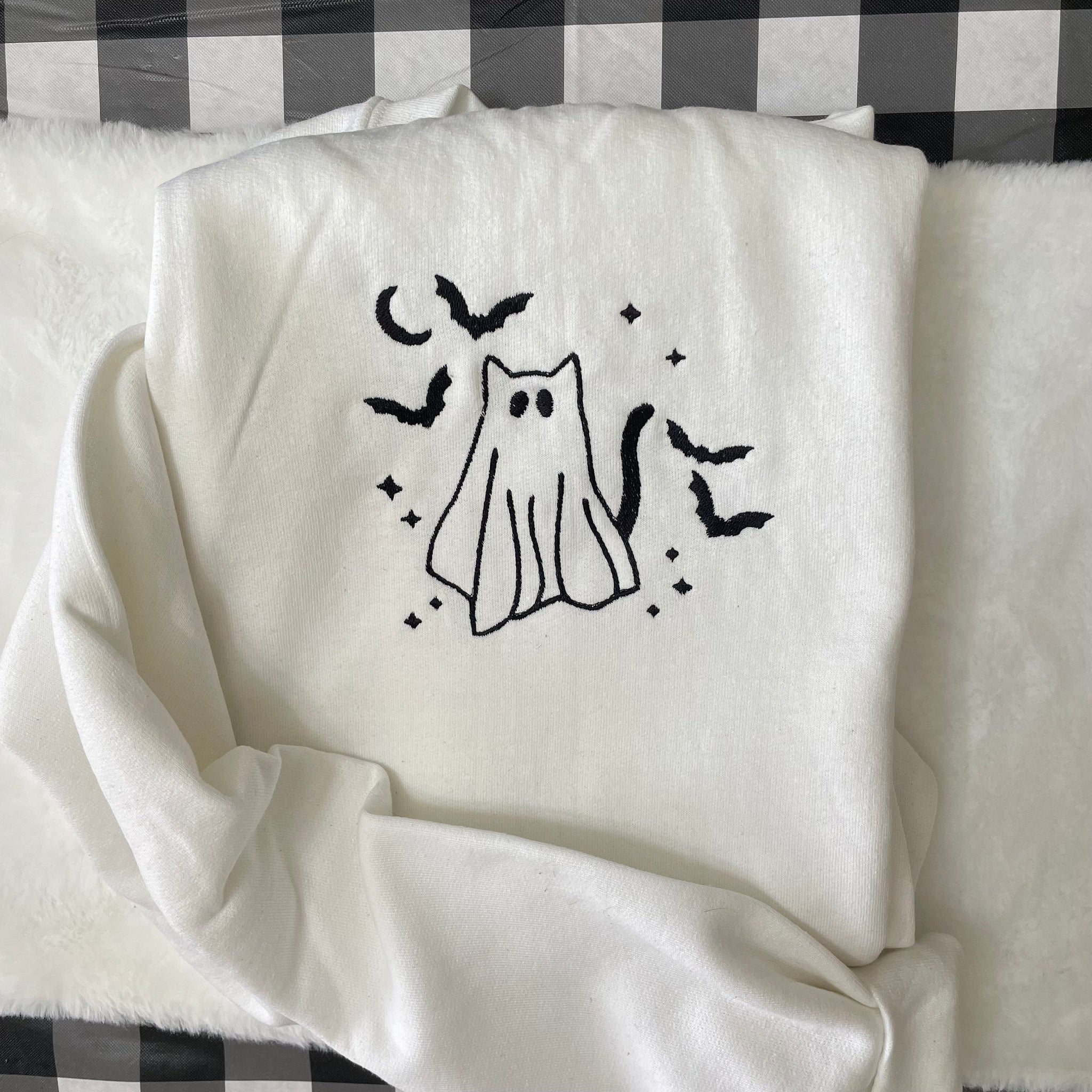 Ghost Cat Halloween Embroidered Sweatshirt - Trendy crewneck - Fall Fashion - Made to Order -Gifts for Her - Custom Made- Halloween clothing  EM1809S