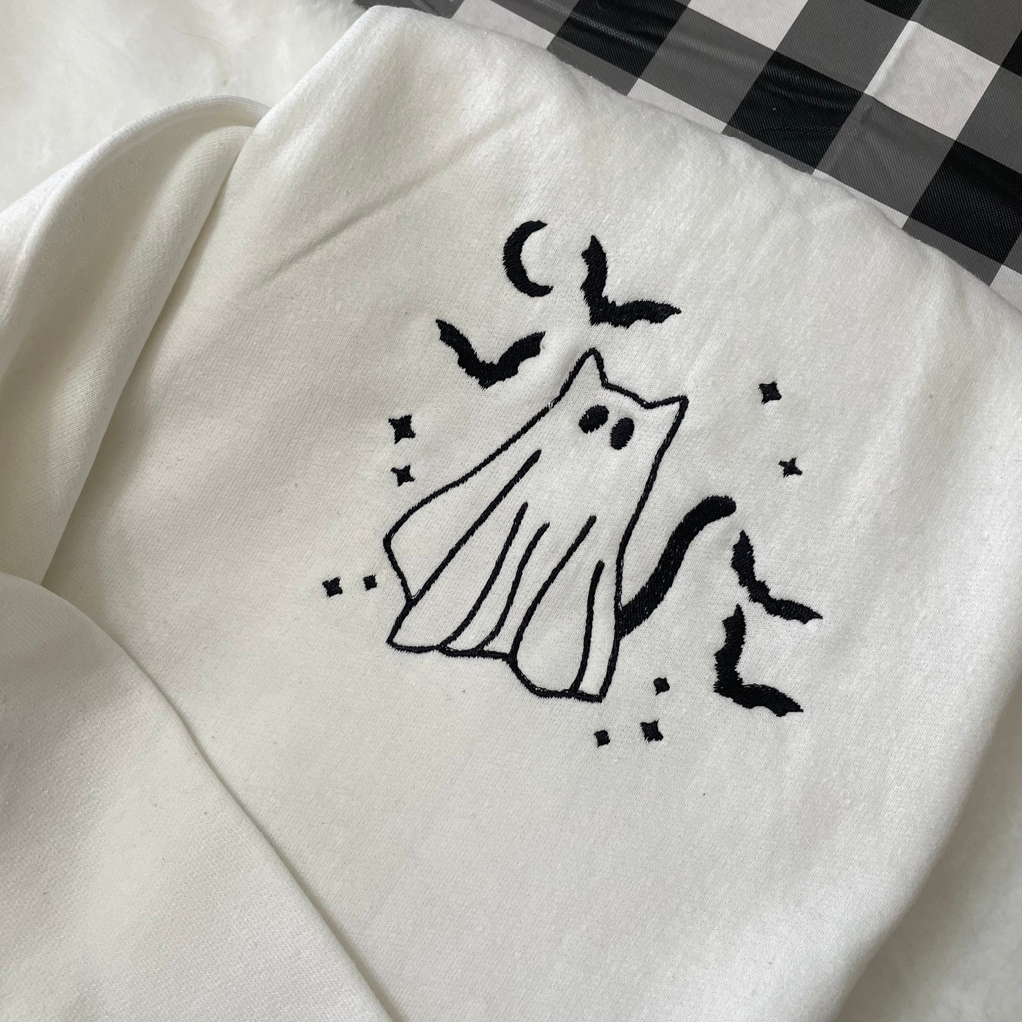 Ghost Cat Halloween Embroidered Sweatshirt - Trendy crewneck - Fall Fashion - Made to Order -Gifts for Her - Custom Made- Halloween clothing  EM1809S