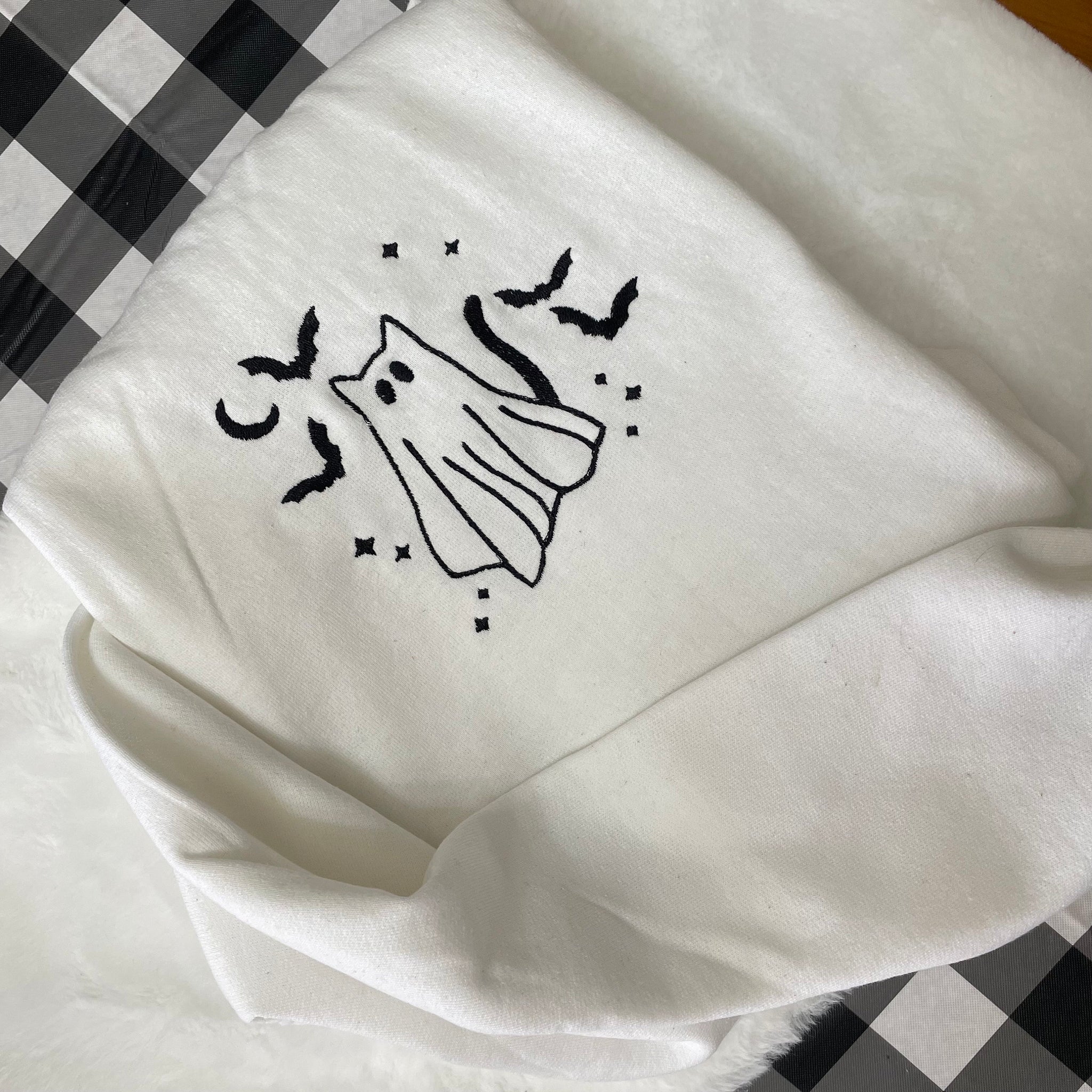 Ghost Cat Halloween Embroidered Sweatshirt - Trendy crewneck - Fall Fashion - Made to Order -Gifts for Her - Custom Made- Halloween clothing  EM1809S