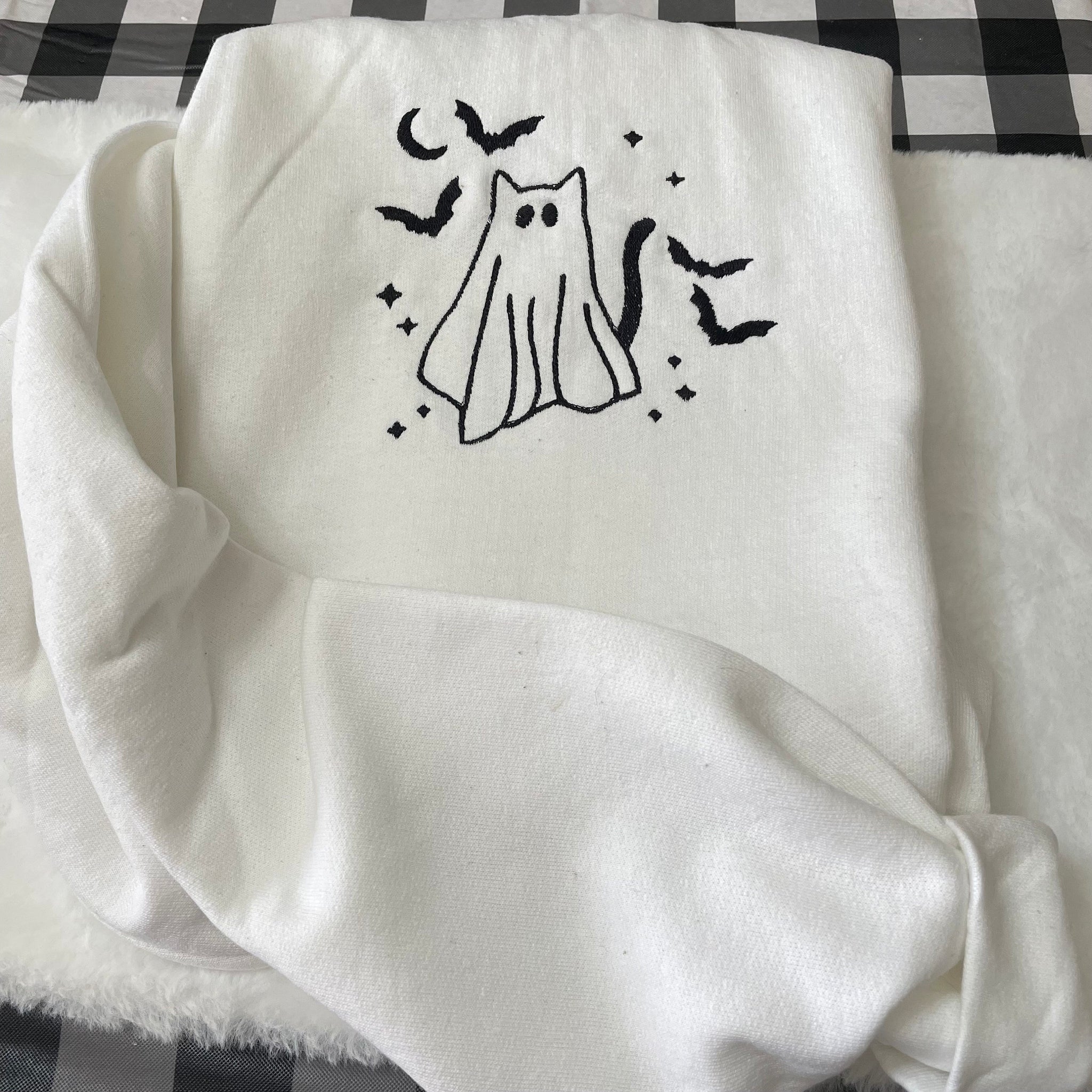 Ghost Cat Halloween Embroidered Sweatshirt - Trendy crewneck - Fall Fashion - Made to Order -Gifts for Her - Custom Made- Halloween clothing  EM1809S