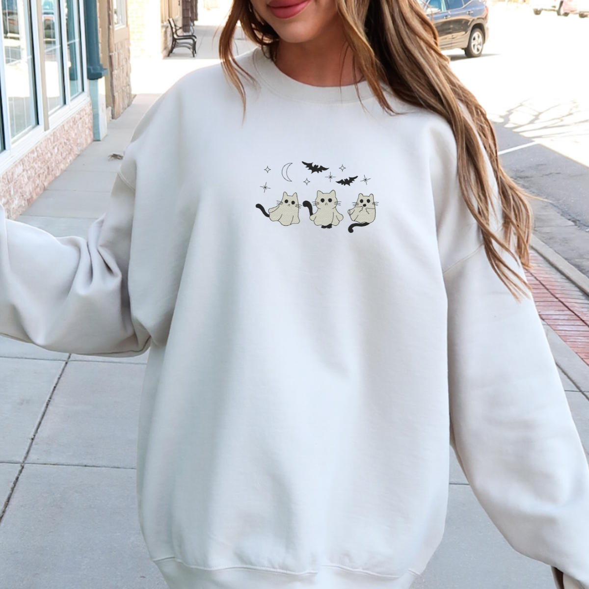 Ghost Cats with Stars Embroidered Sweatshirt EMHA2608