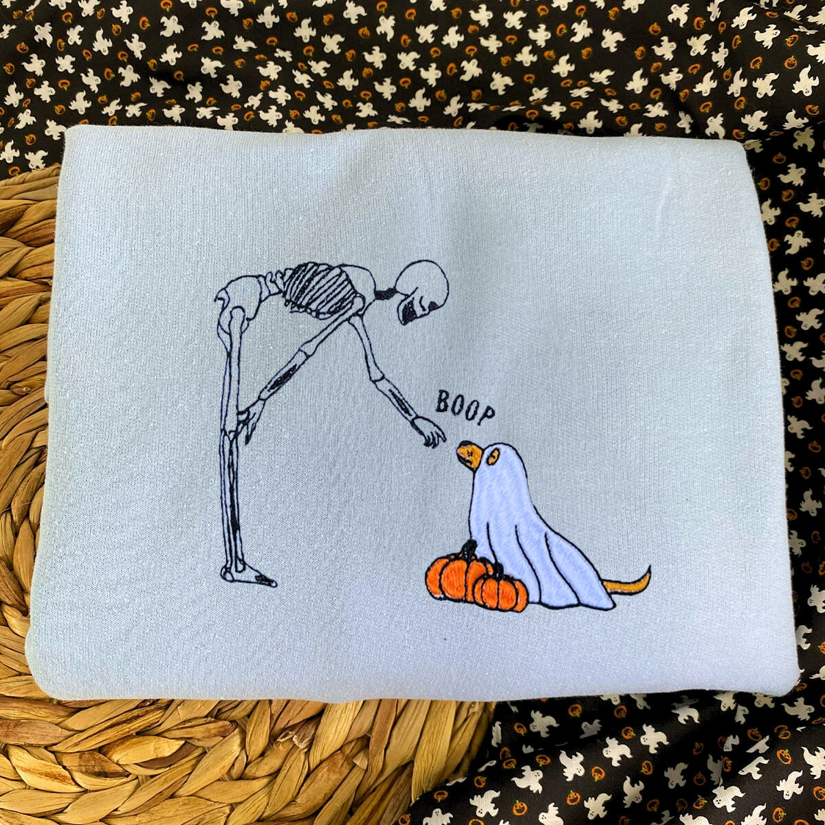 Ghost Dog Sweatshirt, Skeleton Halloween Embroidered Crewneck or Hoodie EMHA2608