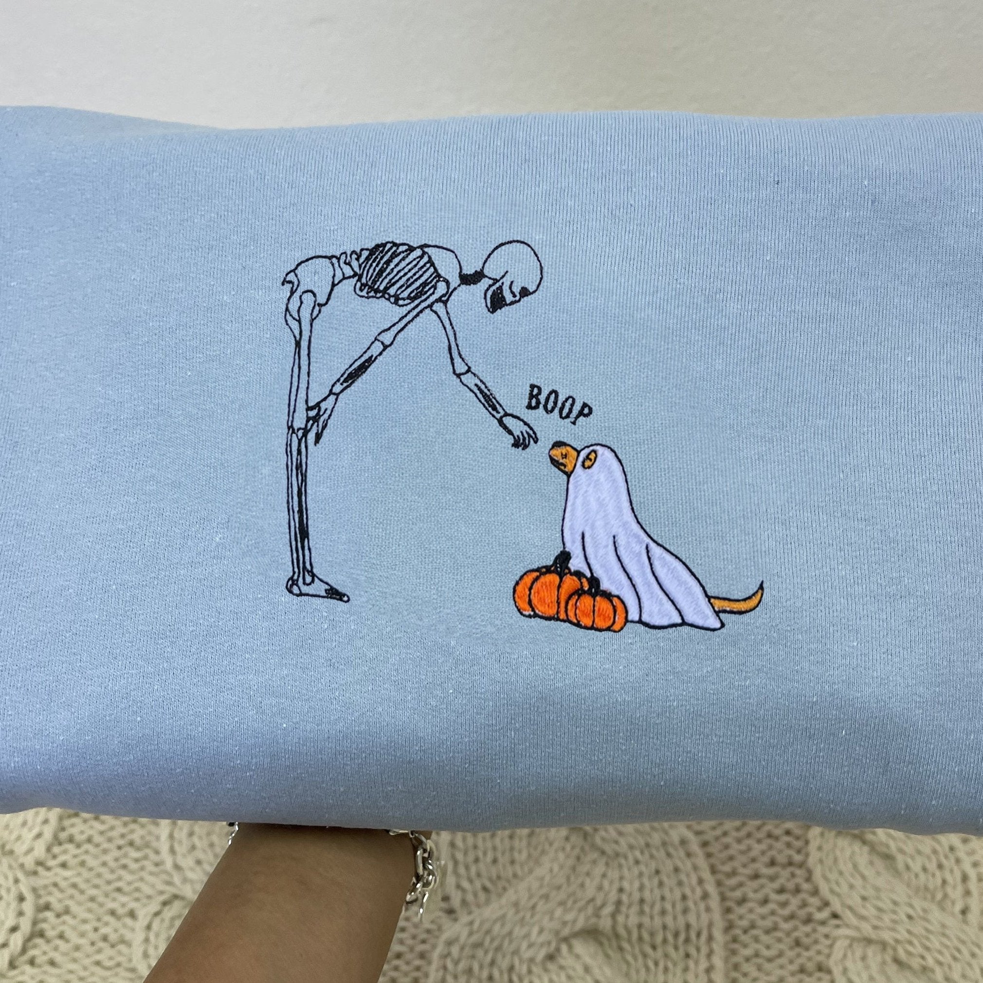 Ghost Dog Sweatshirt, Skeleton Halloween Embroidered Crewneck or Hoodie EMHA2608