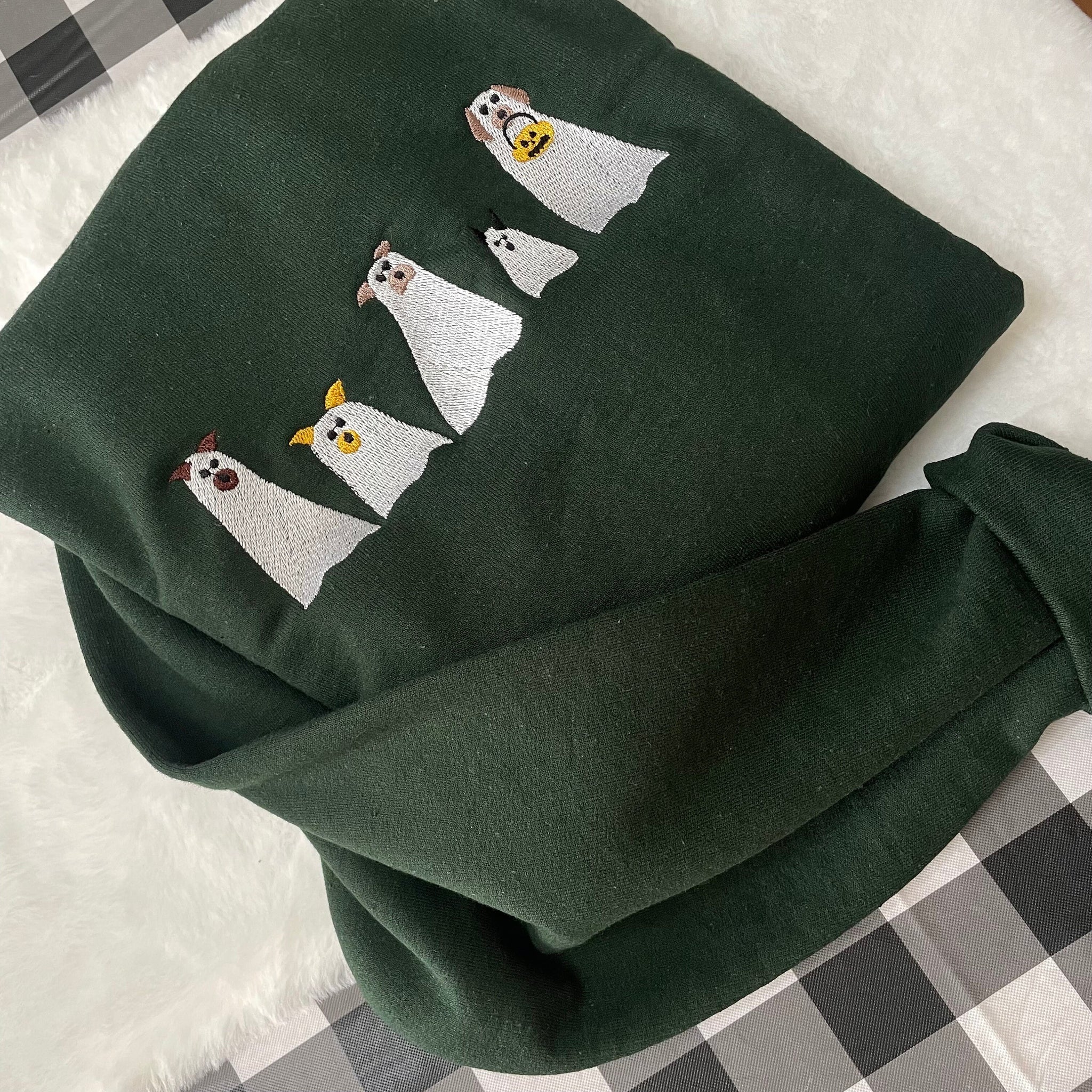 Ghost Dogs Halloween Embroidered Sweatshirt - Trendy crewneck - Fall Fashion - Made to Order -Gifts for Her -Custom Made- Halloween clothing  EM1809S