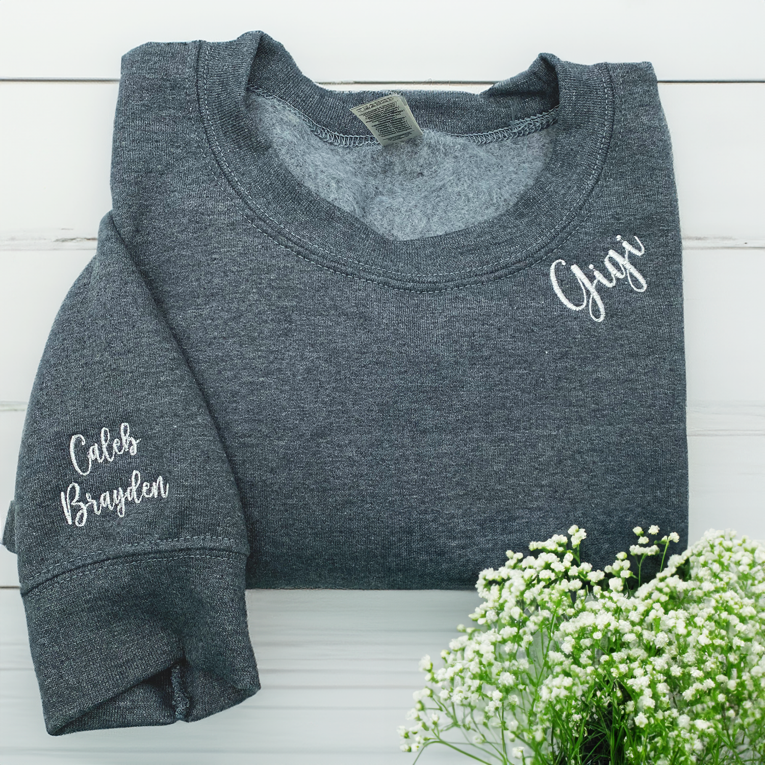 Custom Embroidered Gigi Sweatshirt with Kid Name on Sleeve EM2