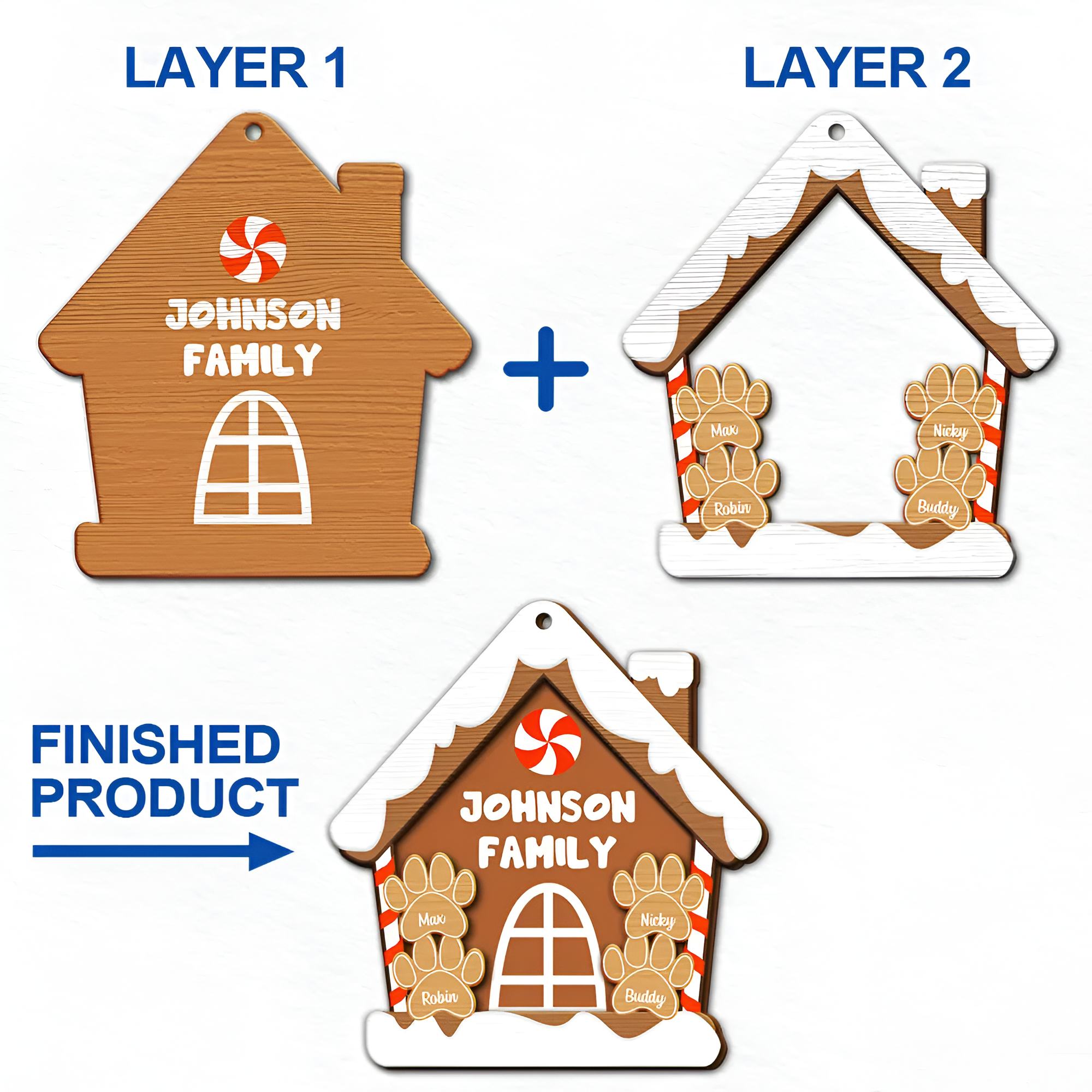 Gingerbread Cookie Family - Personalized 2-Layered Wooden Ornament ORN0210