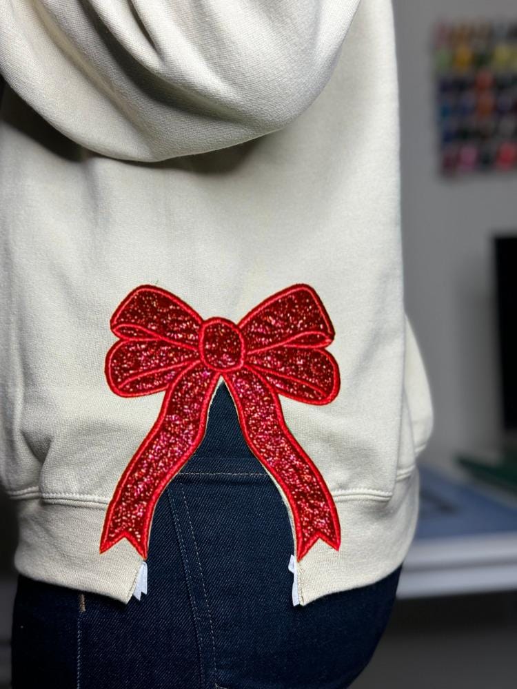 Glitter Gigi Est Claus Embroidered Mimi, Grandma Christmas Bow Embellished Sweatshirt ? Custom Side Bow Cut-Out Sweatshirt, Christmas Gigi ESIBOW