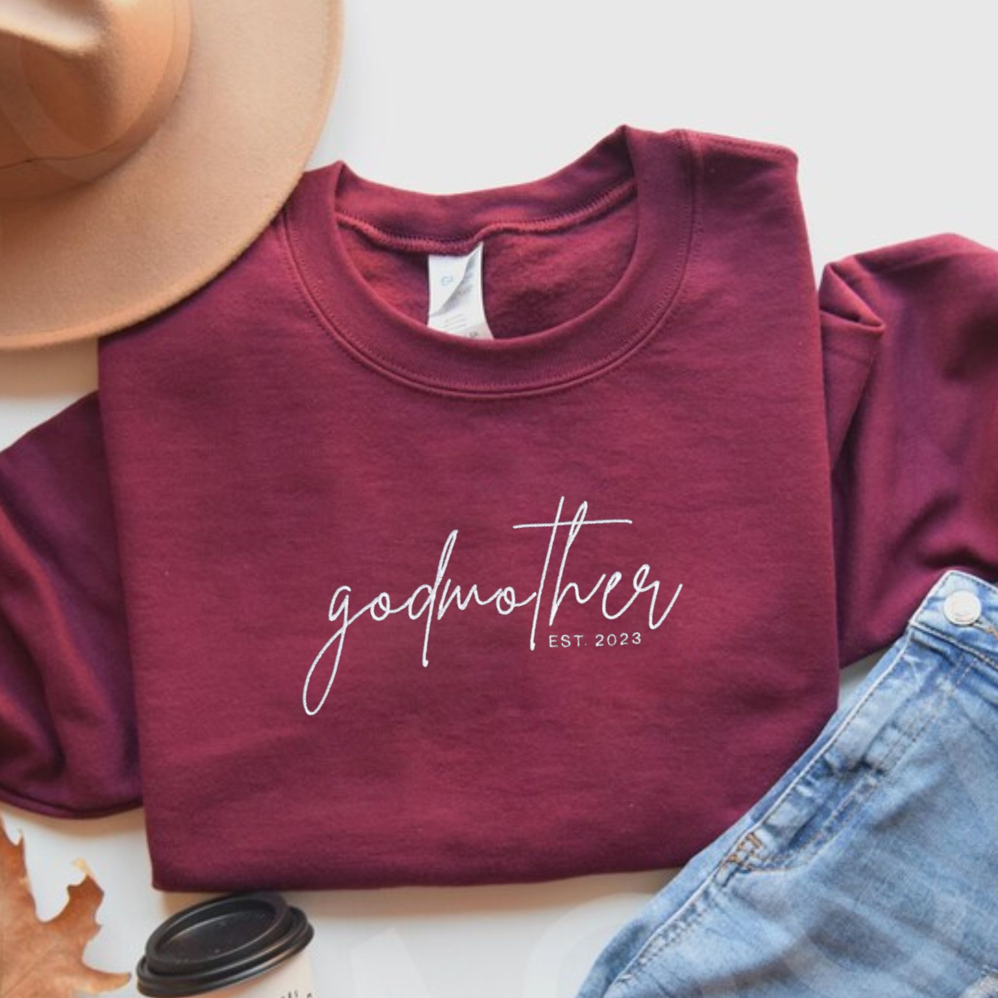 God Mother Sweatshirt With Personalized Embroidered EST, Kids Names On Sleeve, Best Godmother Gifts From Godchild em1