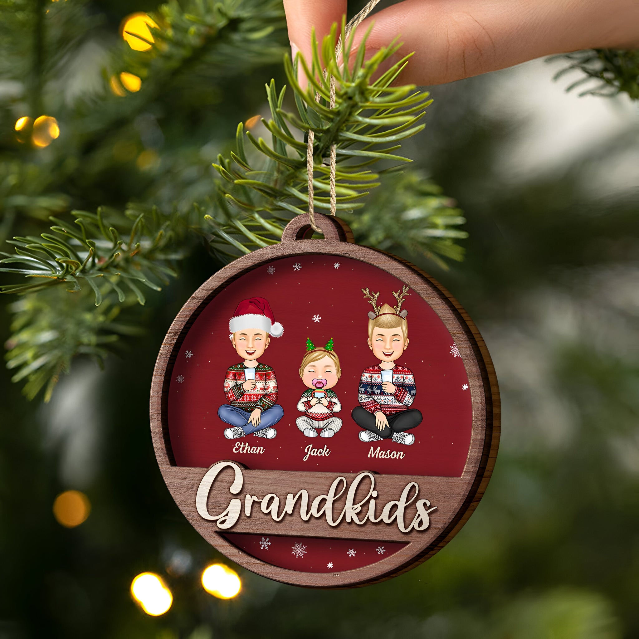 Grandkids Family Cartoon - Christmas Gifts For Grandparents, Family - Personalized 2-Layered Wooden Ornament ORN0310