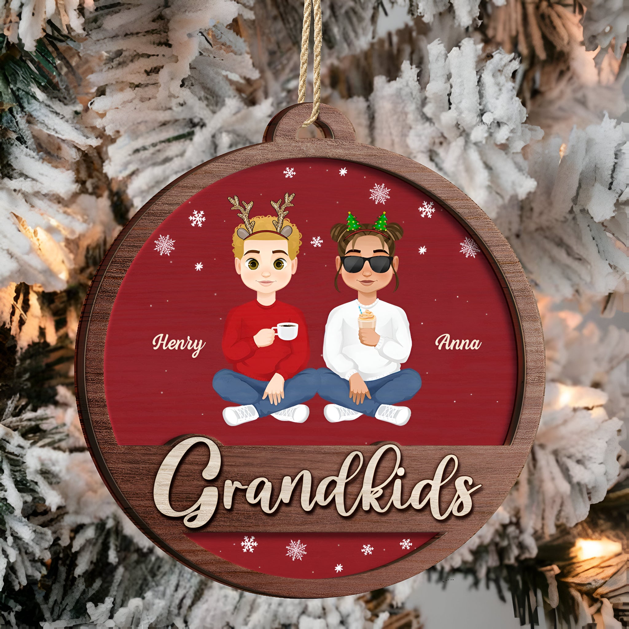 Grandkids Family Flat Art - Christmas Gifts For Grandparents, Family - Personalized 2-Layered Wooden Ornament ORN0310