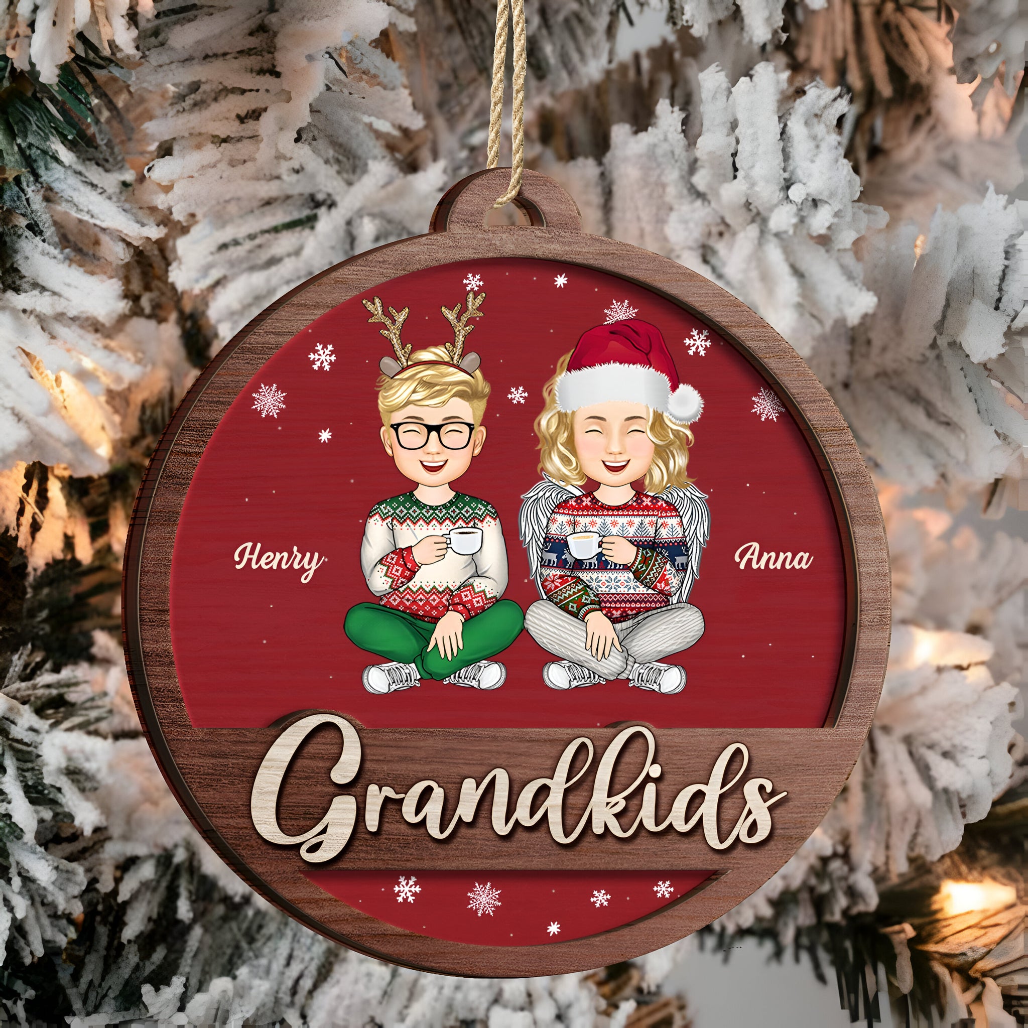 Grandkids Family Cartoon - Christmas Gifts For Grandparents, Family - Personalized 2-Layered Wooden Ornament ORN0310
