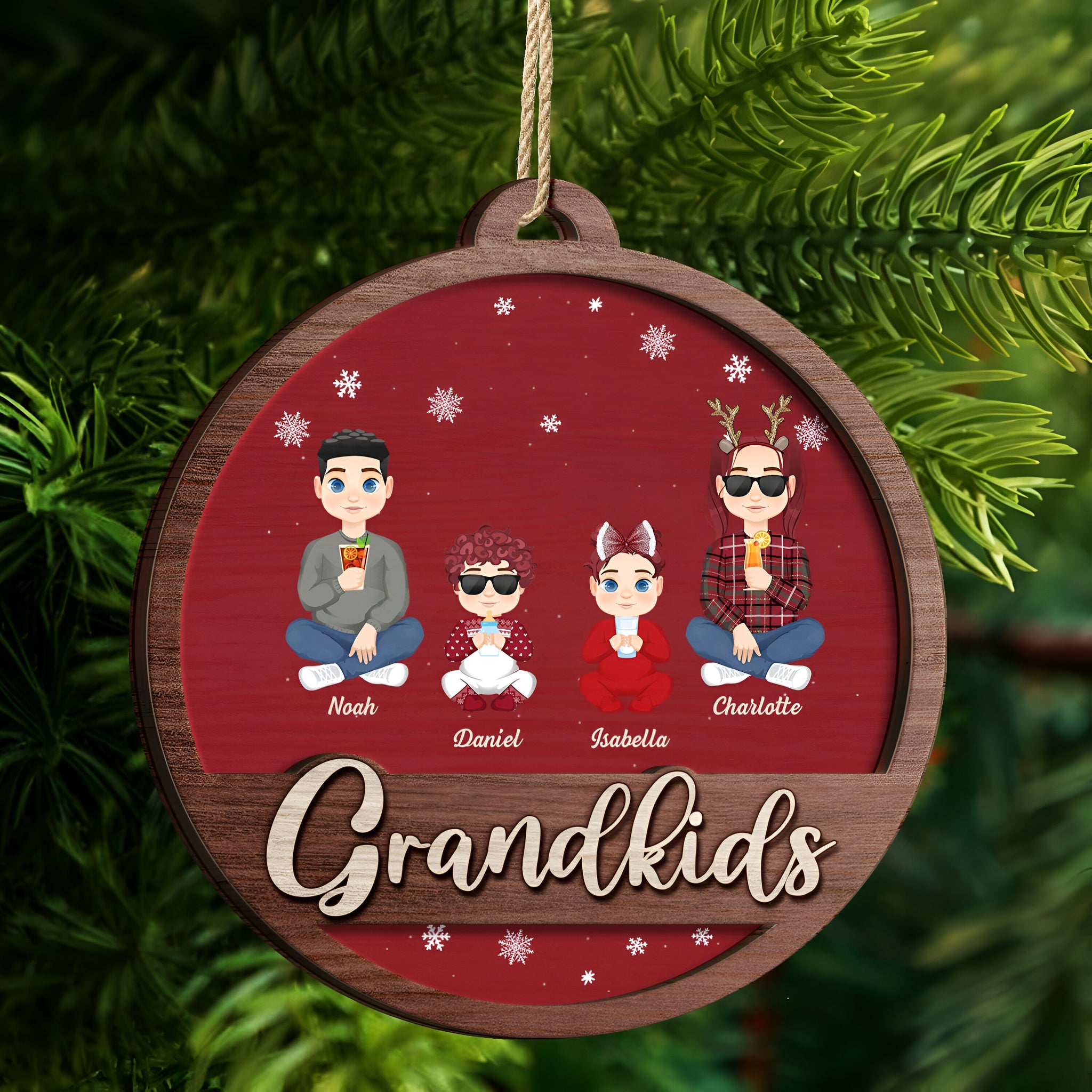 Grandkids Family Flat Art - Christmas Gifts For Grandparents, Family - Personalized 2-Layered Wooden Ornament ORN0310