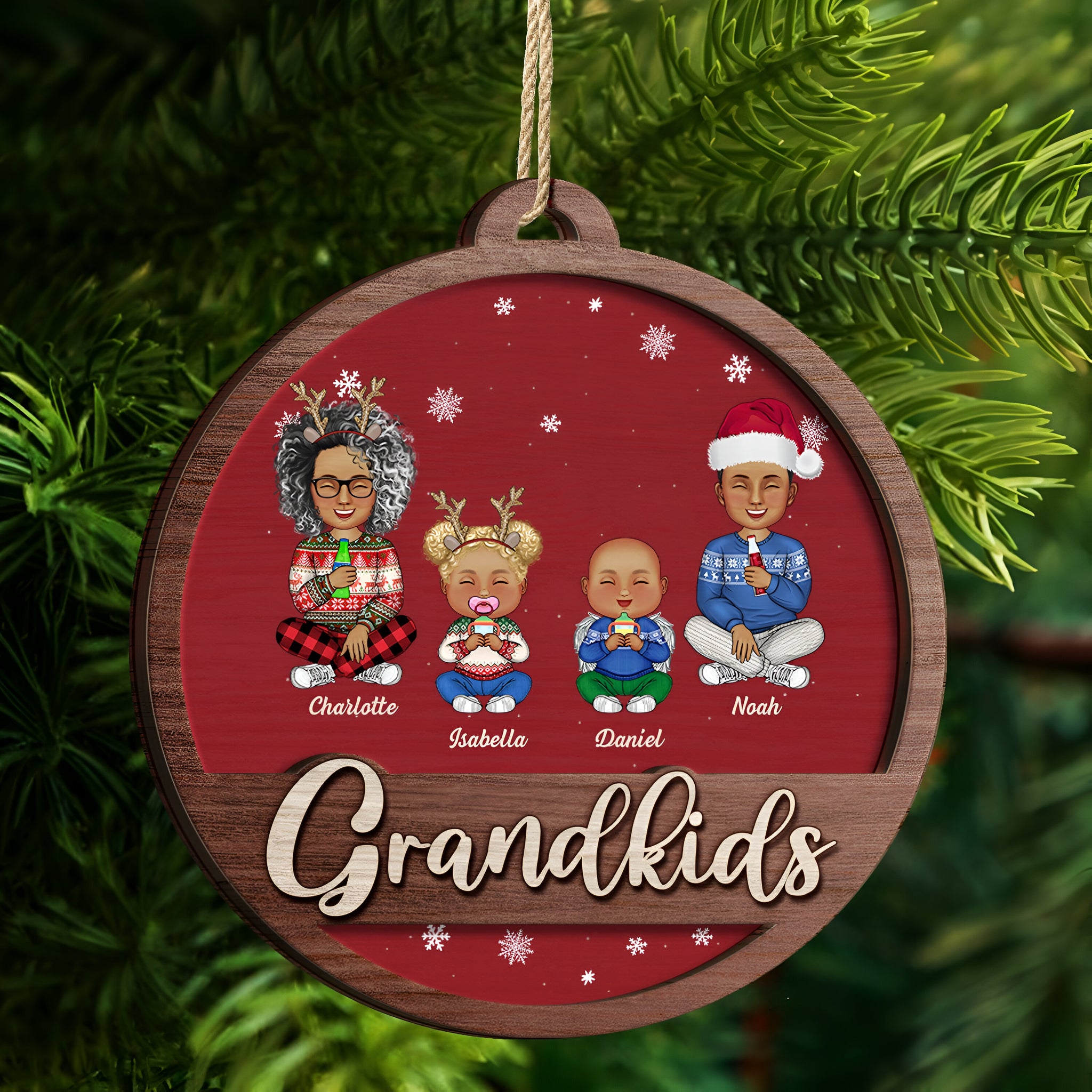 Grandkids Family Cartoon - Christmas Gifts For Grandparents, Family - Personalized 2-Layered Wooden Ornament ORN0310