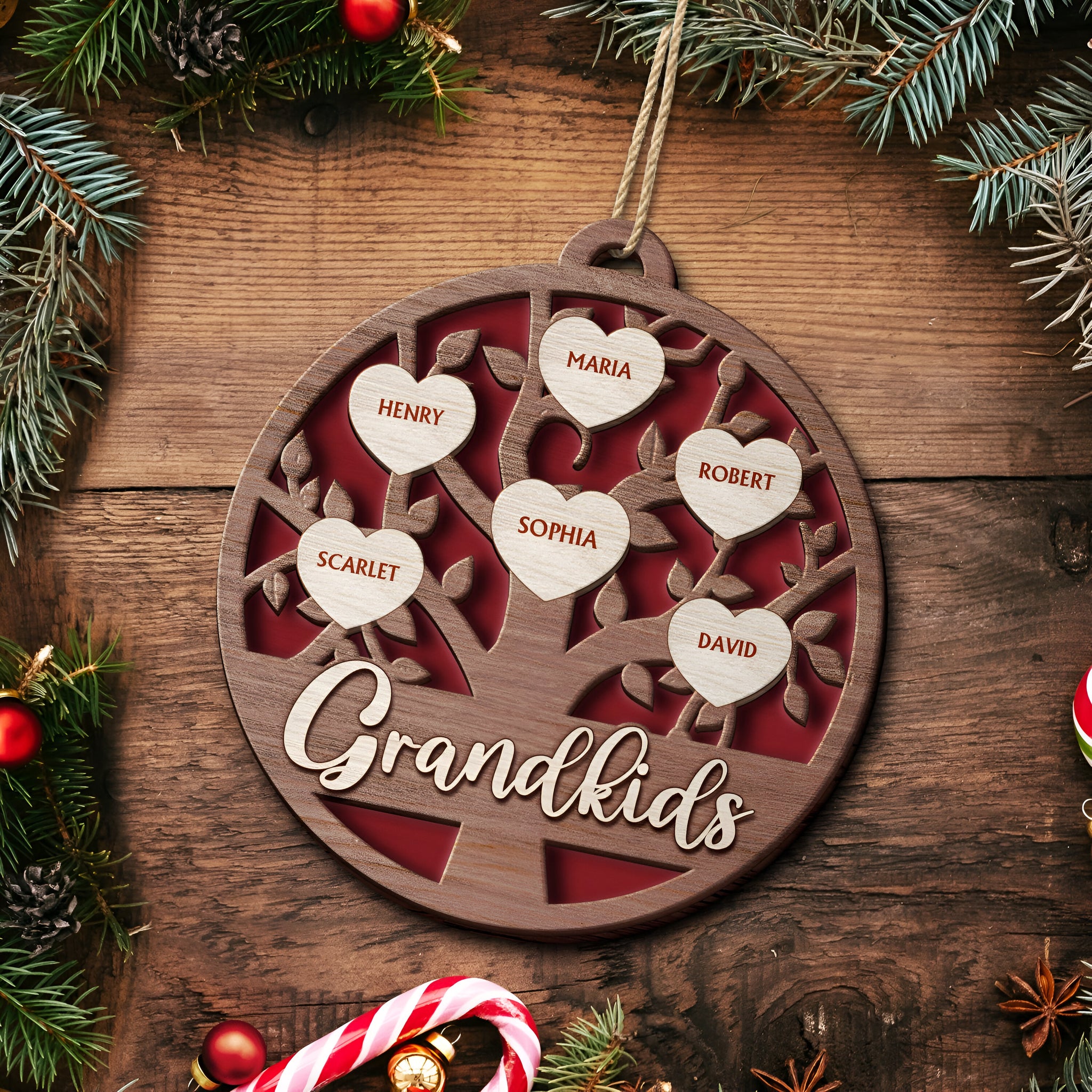 Grandkids Family Tree - Christmas Gifts For Grandparents, Grandkids, Family - Personalized 2-Layered Wooden Ornament ORN0310