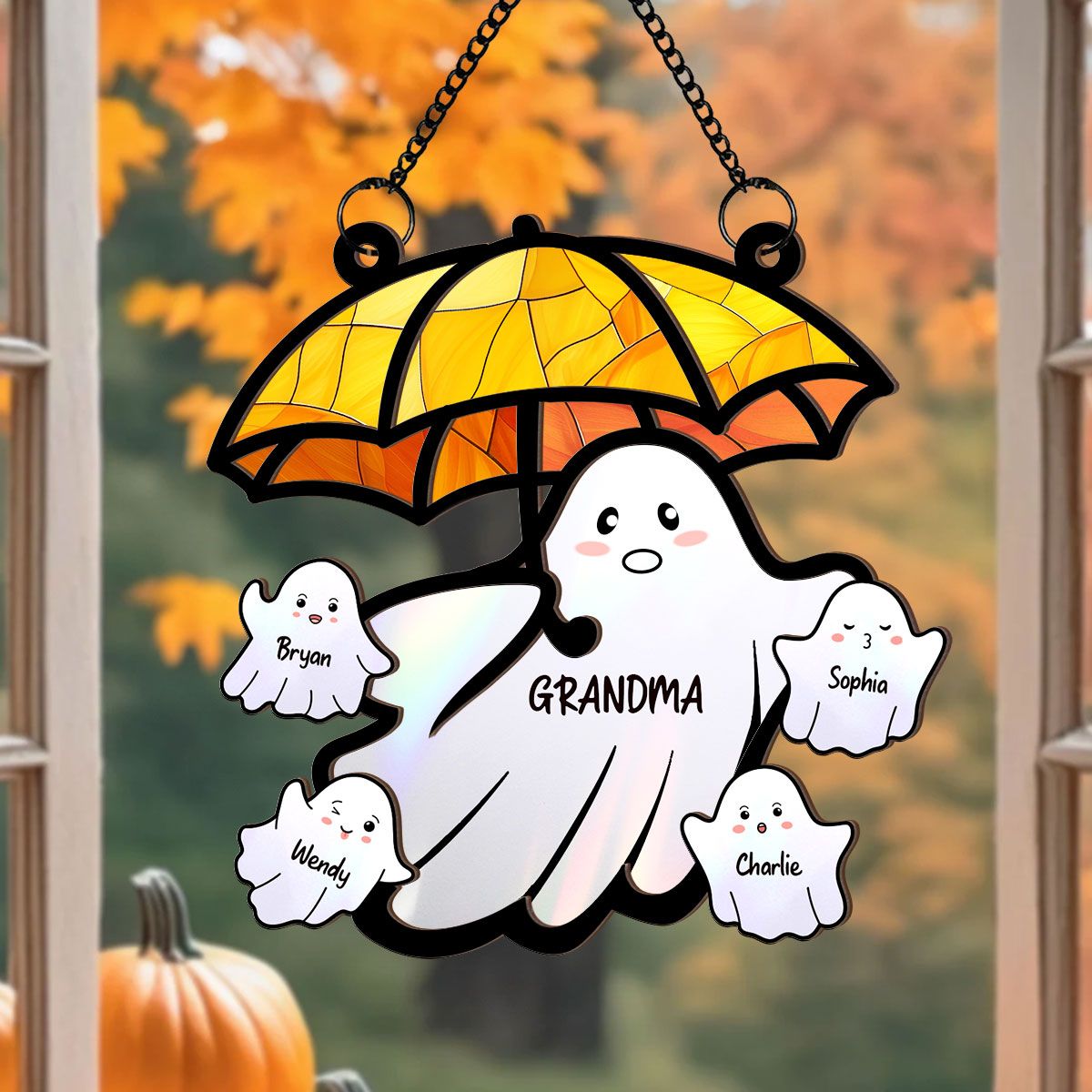 Grandma Funny Ghost with Umbrella Personalized Suncatcher, Halloween Stained Glass Decor  ORHA2208