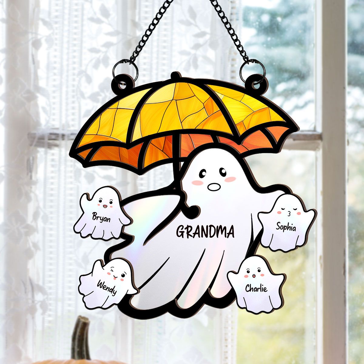 Grandma Funny Ghost with Umbrella Personalized Suncatcher, Halloween Stained Glass Decor  ORHA2208