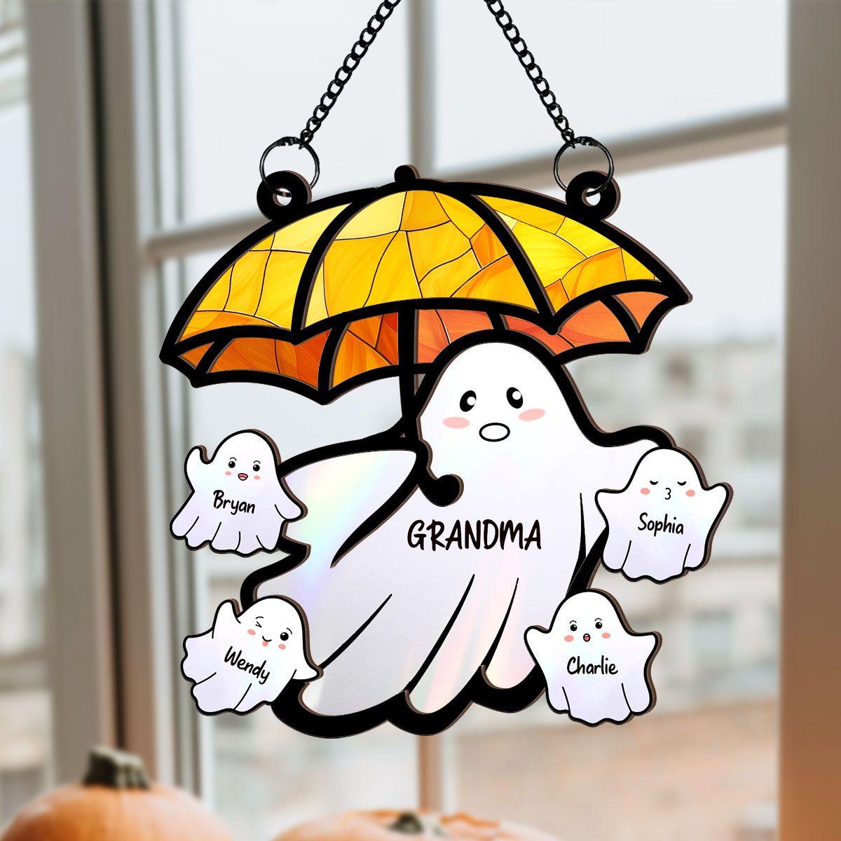 Grandma Funny Ghost with Umbrella Personalized Suncatcher, Halloween Stained Glass Decor  ORHA2208