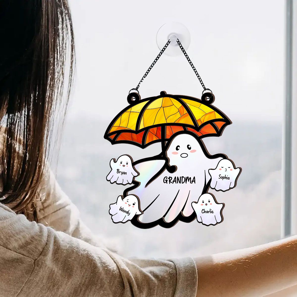 Grandma Funny Ghost with Umbrella Personalized Suncatcher, Halloween Stained Glass Decor  ORHA2208