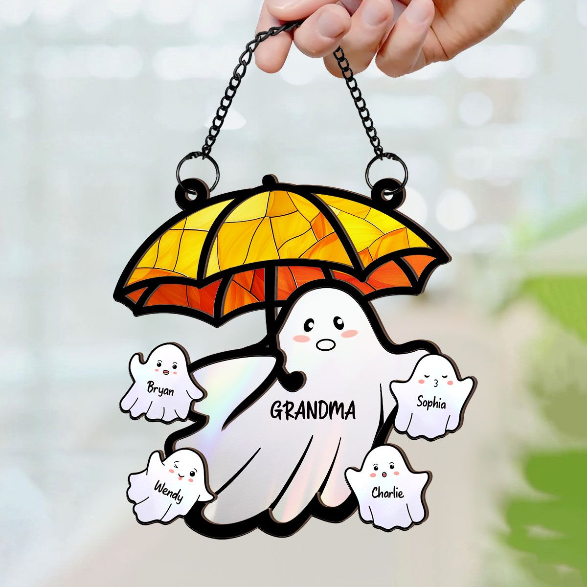 Grandma Funny Ghost with Umbrella Personalized Suncatcher, Halloween Stained Glass Decor  ORHA2208