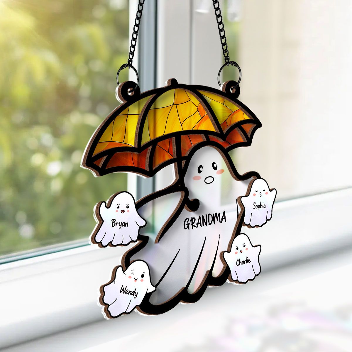 Grandma Funny Ghost with Umbrella Personalized Suncatcher, Halloween Stained Glass Decor  ORHA2208