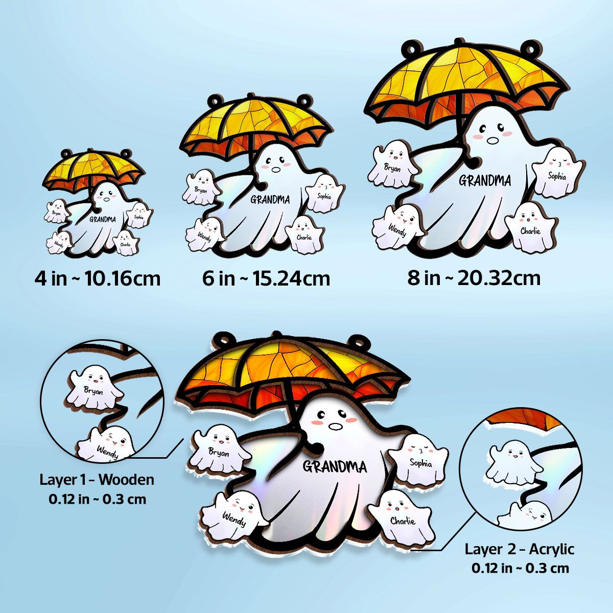 Grandma Funny Ghost with Umbrella Personalized Suncatcher, Halloween Stained Glass Decor  ORHA2208
