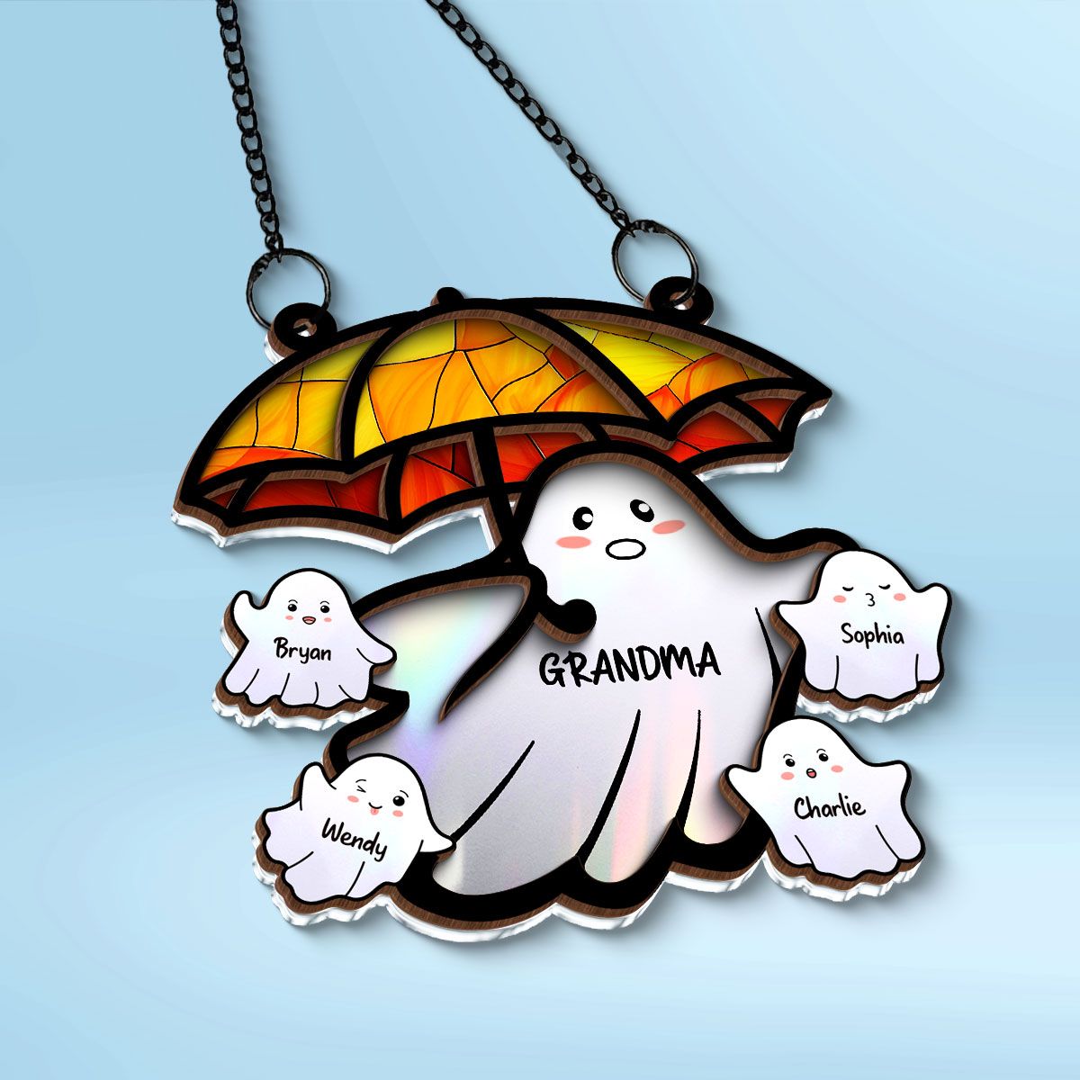 Grandma Funny Ghost with Umbrella Personalized Suncatcher, Halloween Stained Glass Decor  ORHA2208