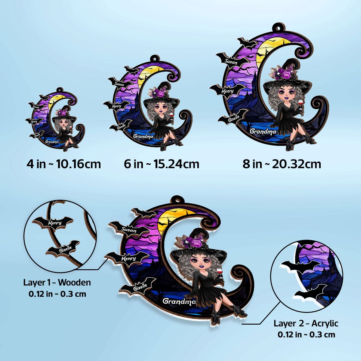 Grandma Mom Witch On Moon Personalized Suncatcher, Halloween Decor  ORHA2208