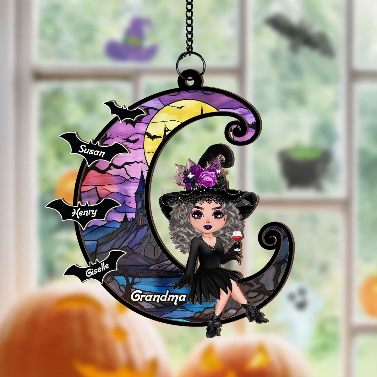 Grandma Mom Witch On Moon Personalized Suncatcher, Halloween Decor  ORHA2208
