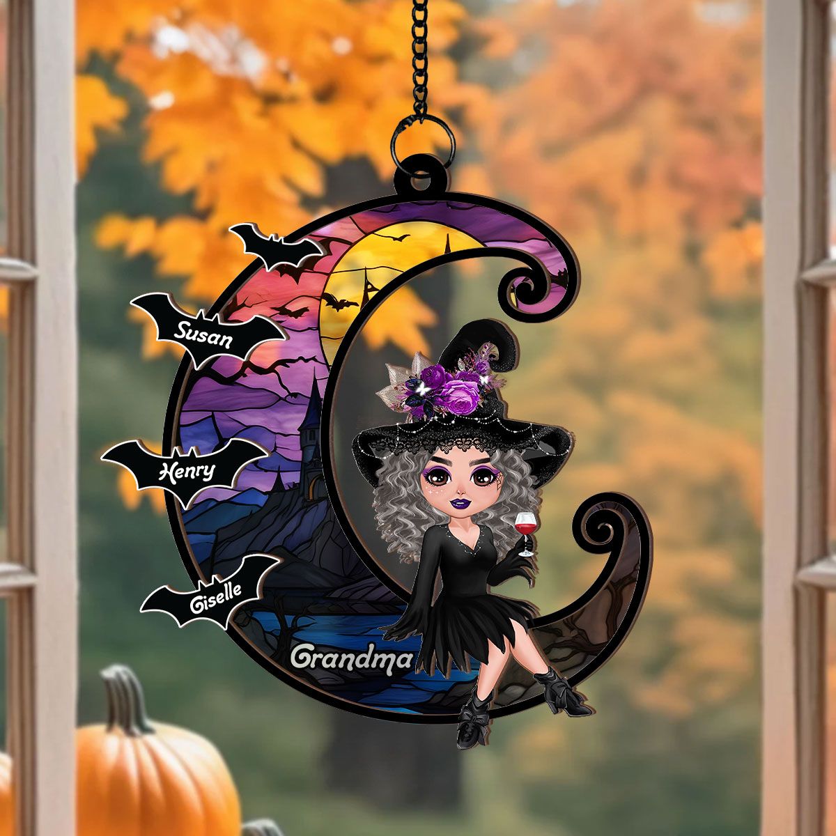 Grandma Mom Witch On Moon Personalized Suncatcher, Halloween Decor  ORHA2208