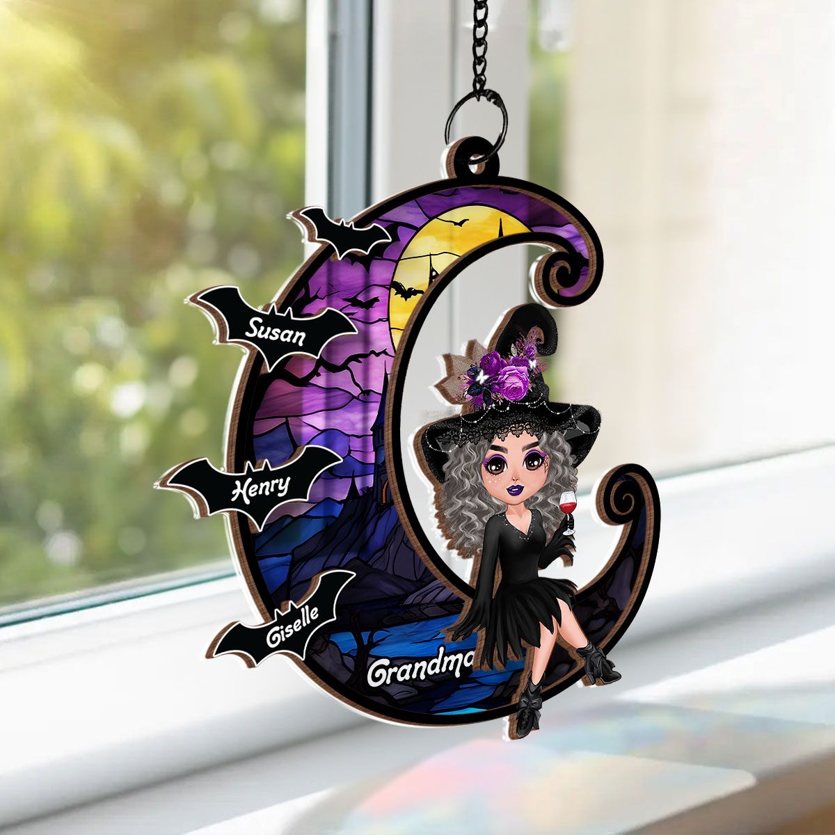 Grandma Mom Witch On Moon Personalized Suncatcher, Halloween Decor  ORHA2208