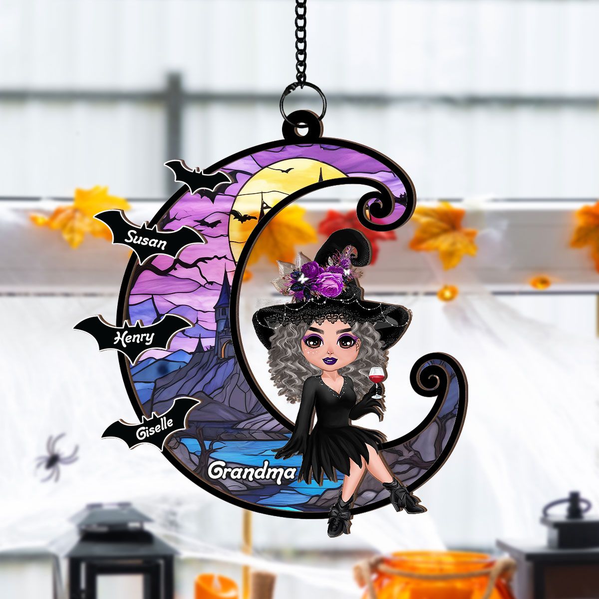 Grandma Mom Witch On Moon Personalized Suncatcher, Halloween Decor  ORHA2208