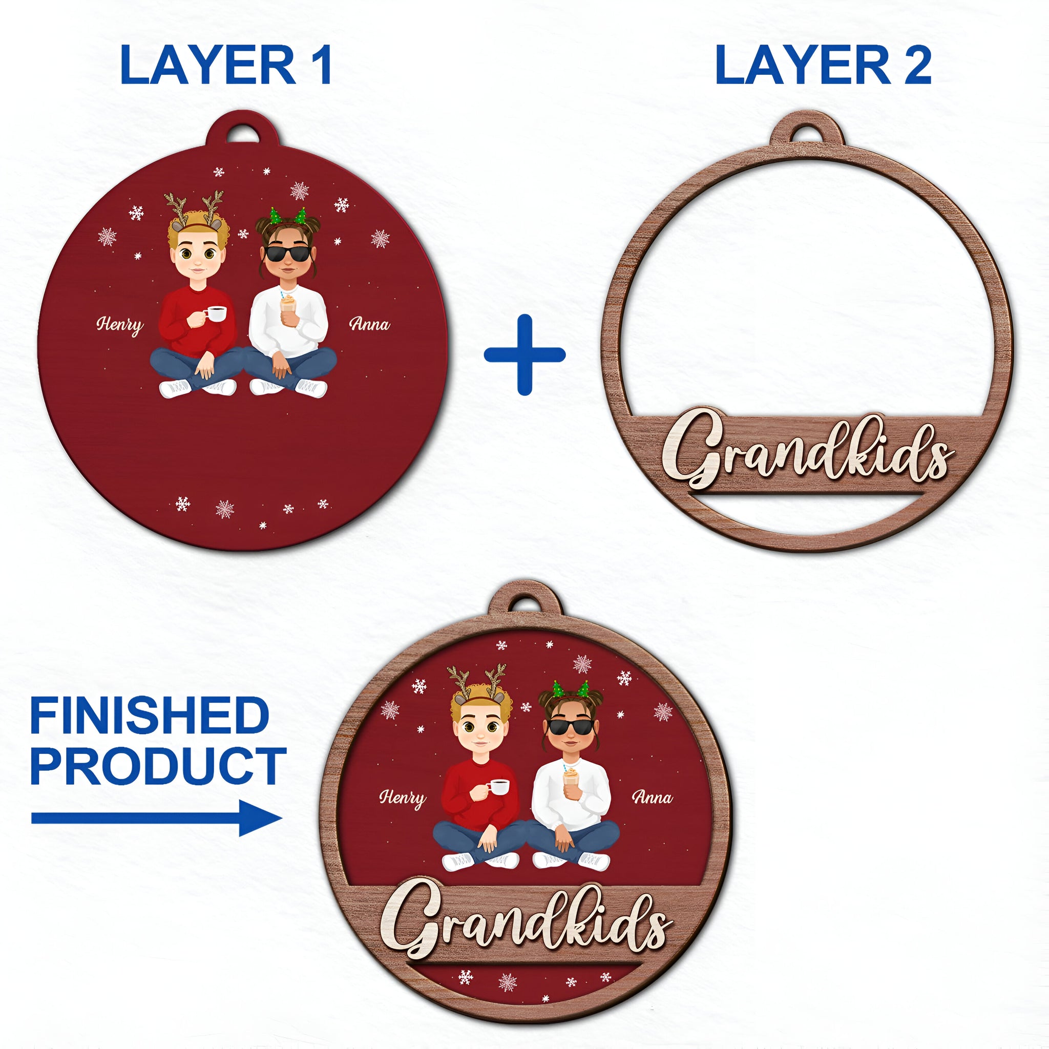 Grandkids Family Flat Art - Christmas Gifts For Grandparents, Family - Personalized 2-Layered Wooden Ornament ORN0310