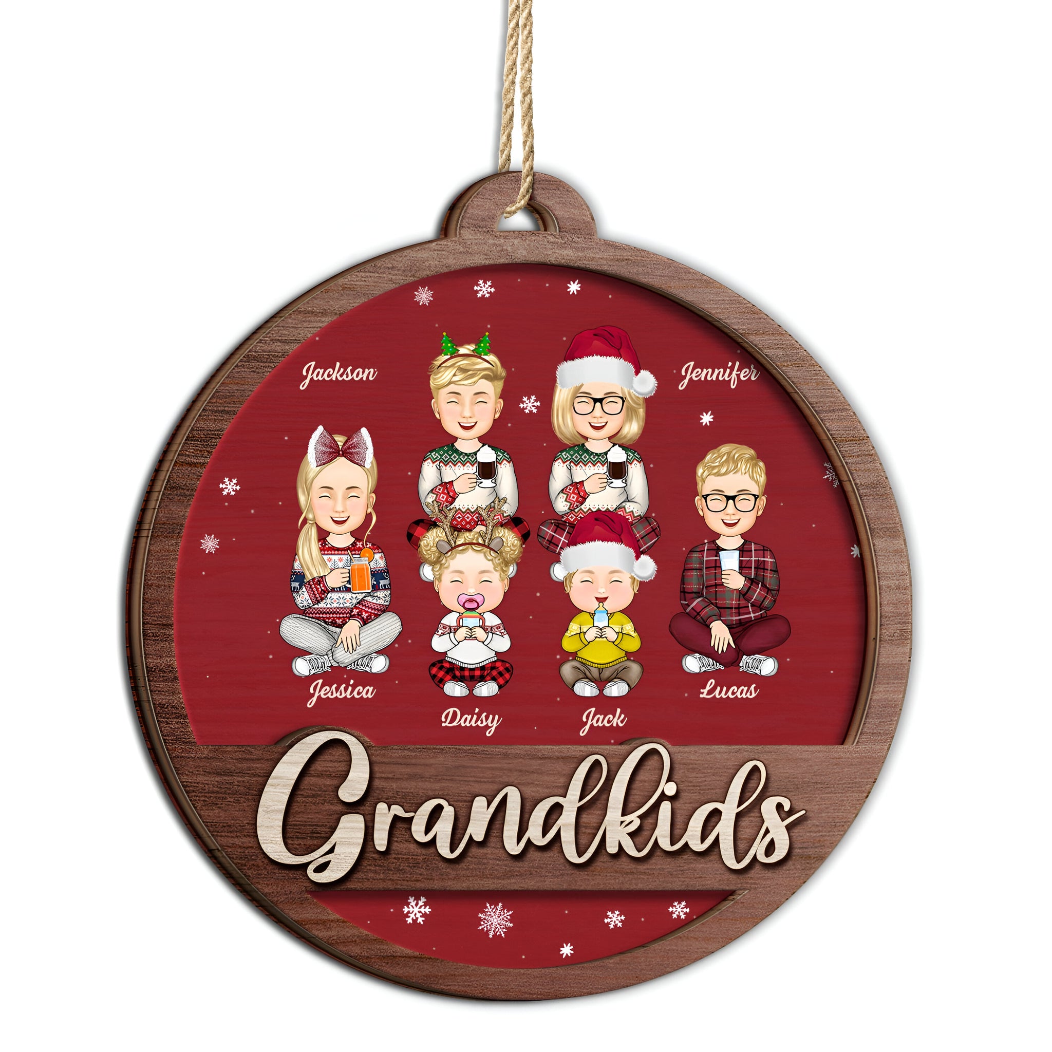 Grandkids Family Cartoon - Christmas Gifts For Grandparents, Family - Personalized 2-Layered Wooden Ornament ORN0310