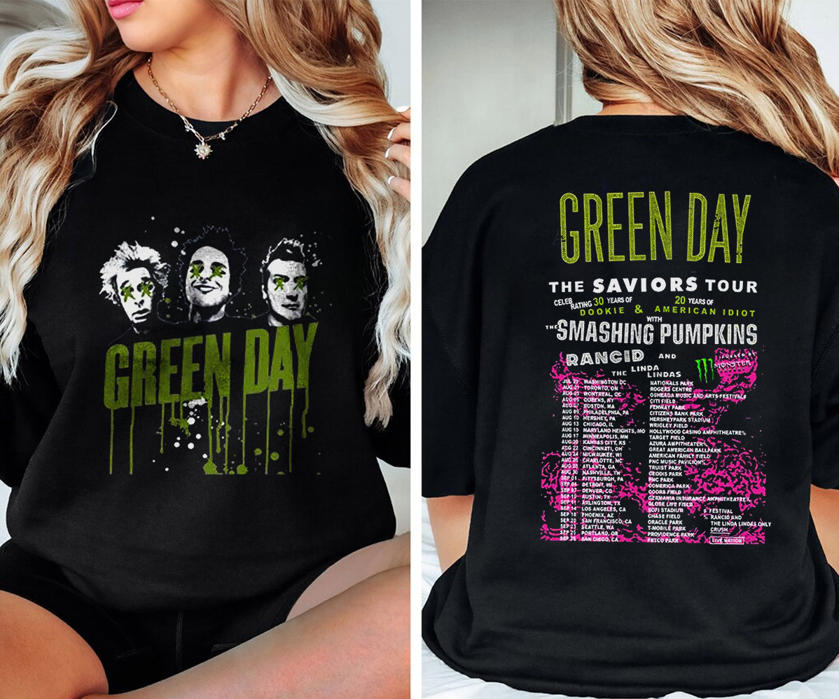 Green Day The Saviors Smashing Pumpkins 2024 Tour Concert 2 Side T-Shirt Black, Green Day The Saviors Concert T-Shirt, Green Day Tour 2024 MS24