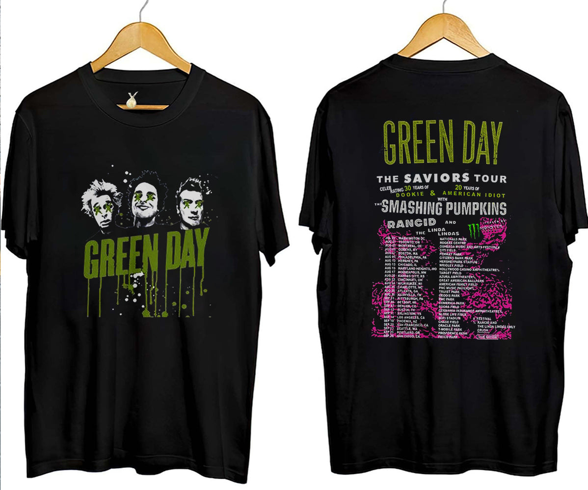 Green Day The Saviors Smashing Pumpkins 2024 Tour Concert 2 Side T-Shirt Black, Green Day The Saviors Concert T-Shirt, Green Day Tour 2024 MS24