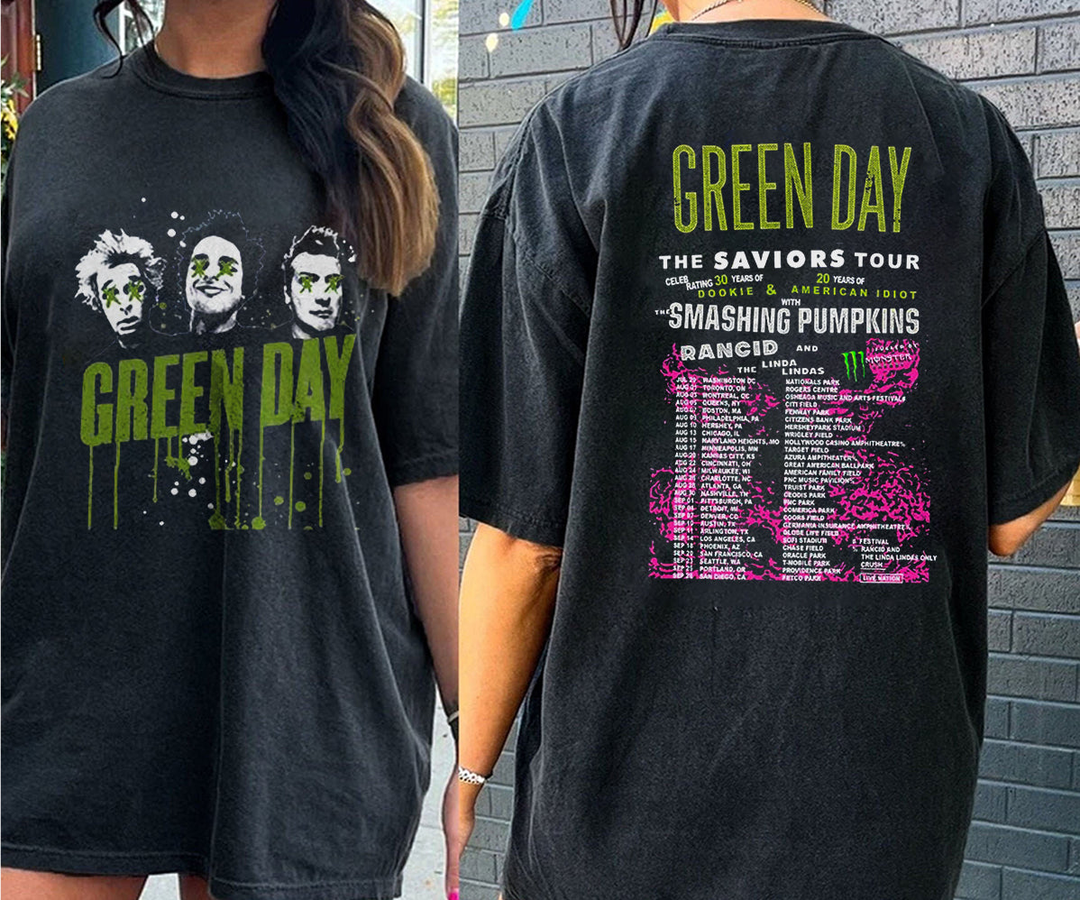 Green Day The Saviors Smashing Pumpkins 2024 Tour Concert 2 Side T-Shirt Black, Green Day The Saviors Concert T-Shirt, Green Day Tour 2024