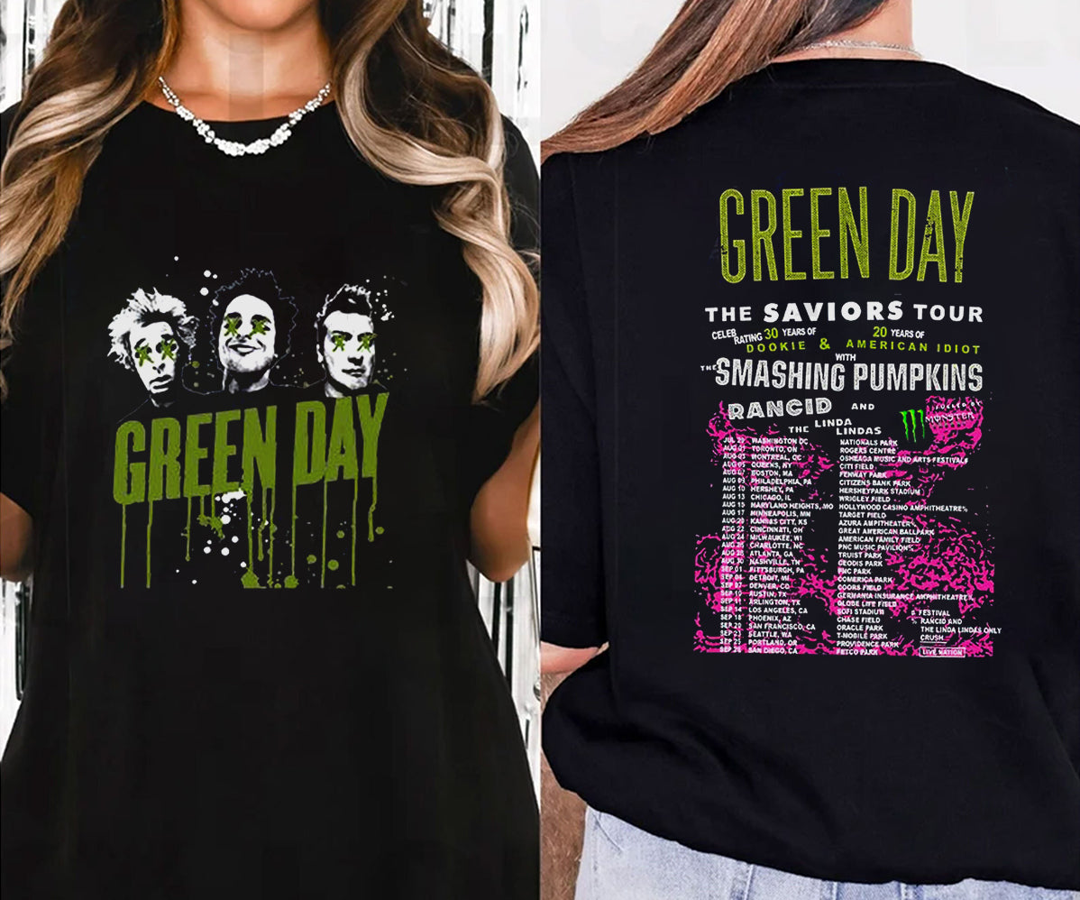 Green Day The Saviors Smashing Pumpkins 2024 Tour Concert 2 Side T-Shirt Black, Green Day The Saviors Concert T-Shirt, Green Day Tour 2024